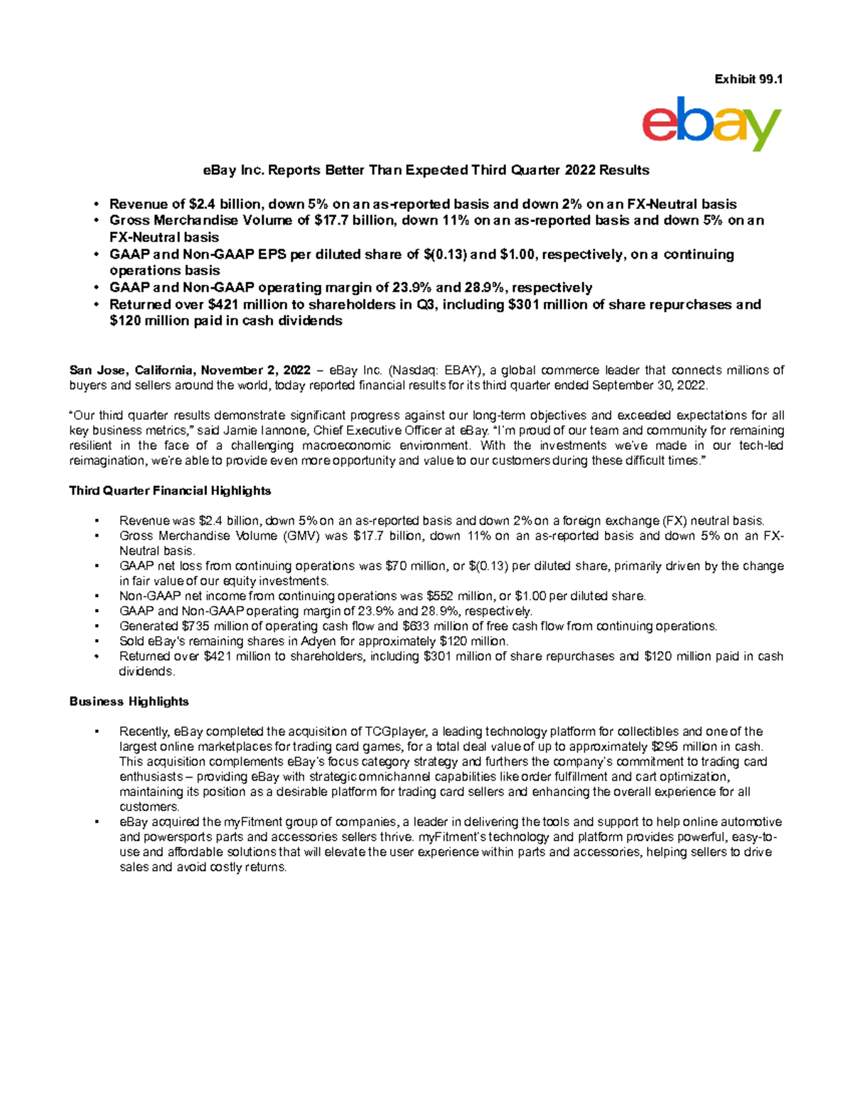 Ebay financial statements - Exhibit 99. eBay Inc. Reports Better Than ...