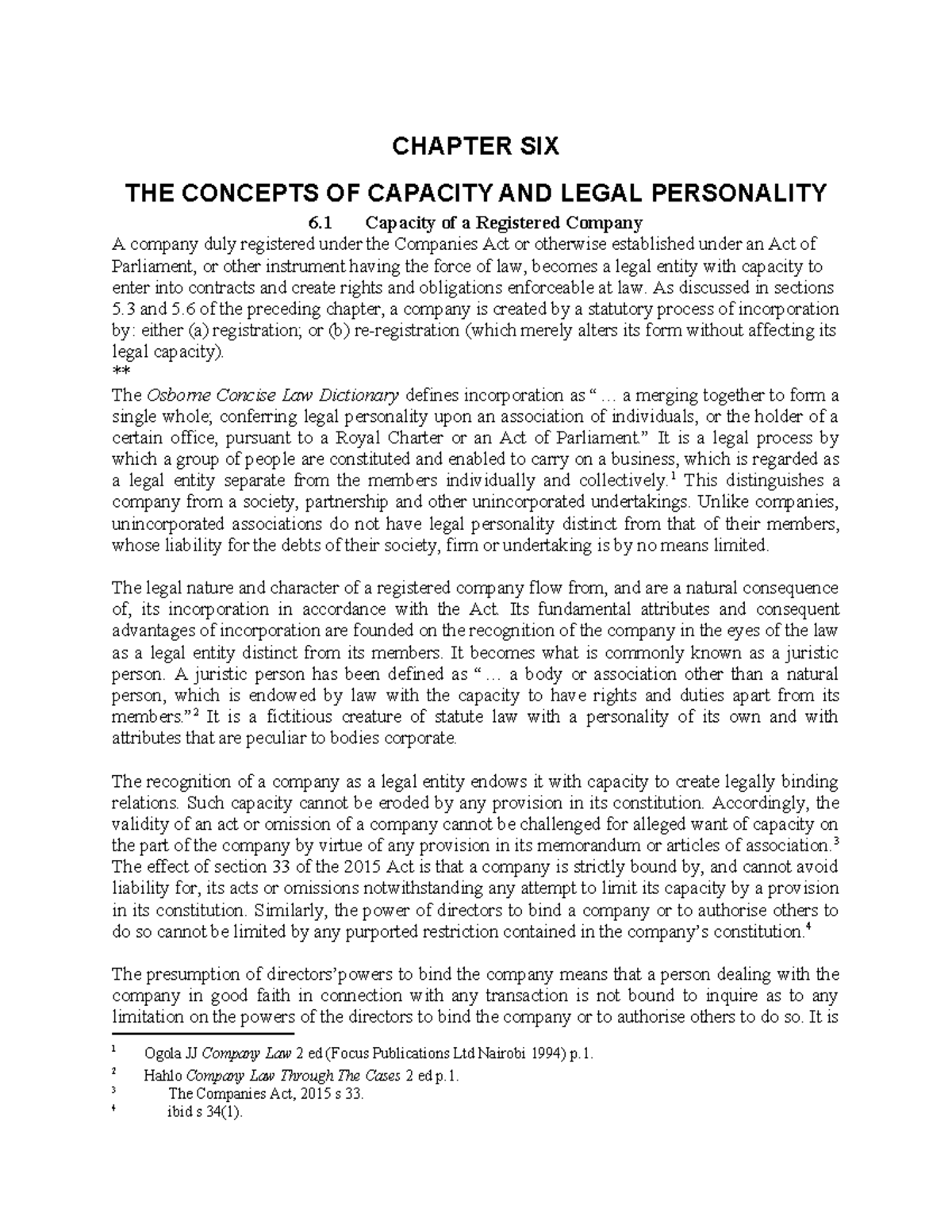 COMPANY LAW 6: CAPACITY AND LEGAL PERSONALITY IN CORPORATIONS - Studocu
