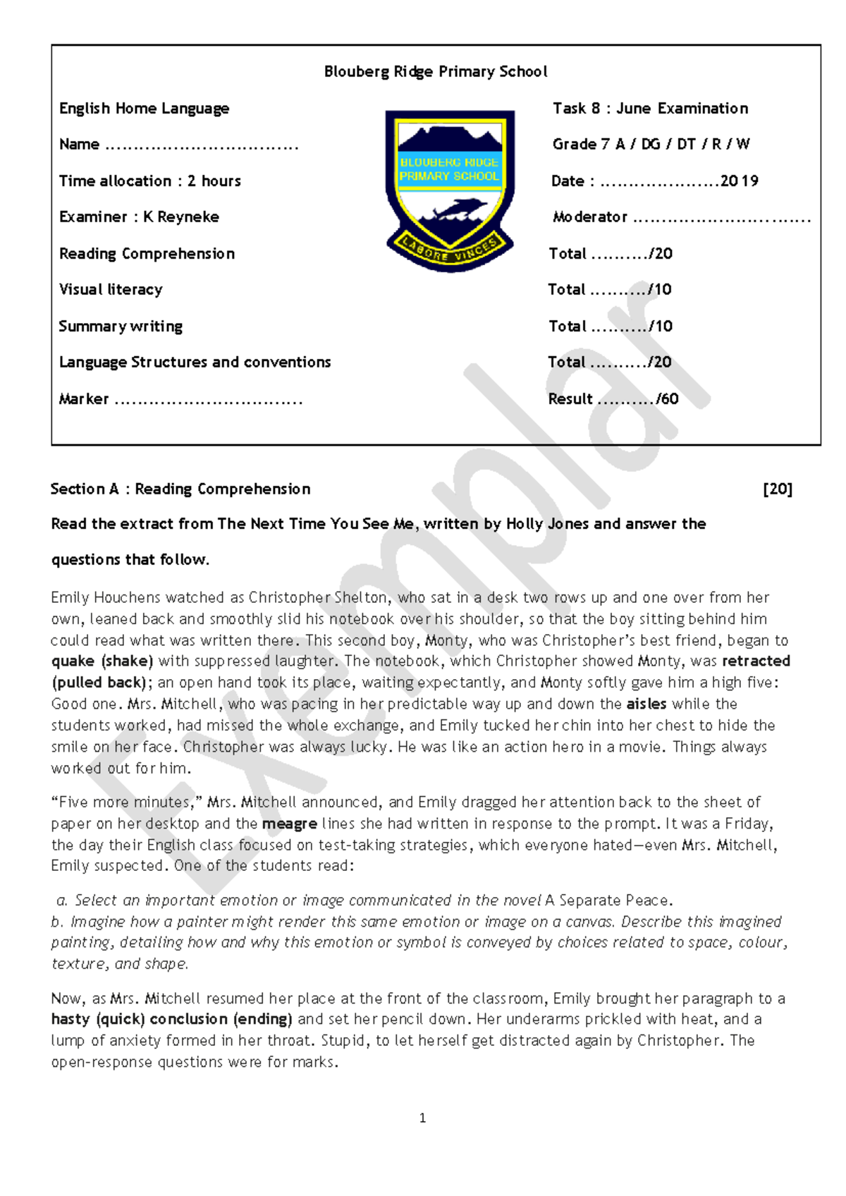 Grade 7 English June 2019 Examination: Reading Comprehension and ...