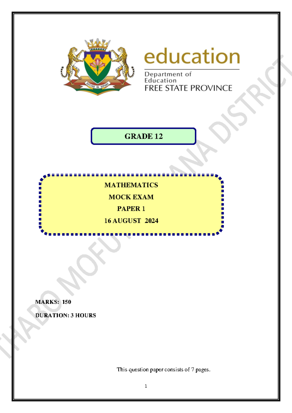 Grade 12 Mathematics Mock Exam Paper 1 - 16 August 2024 - Studocu