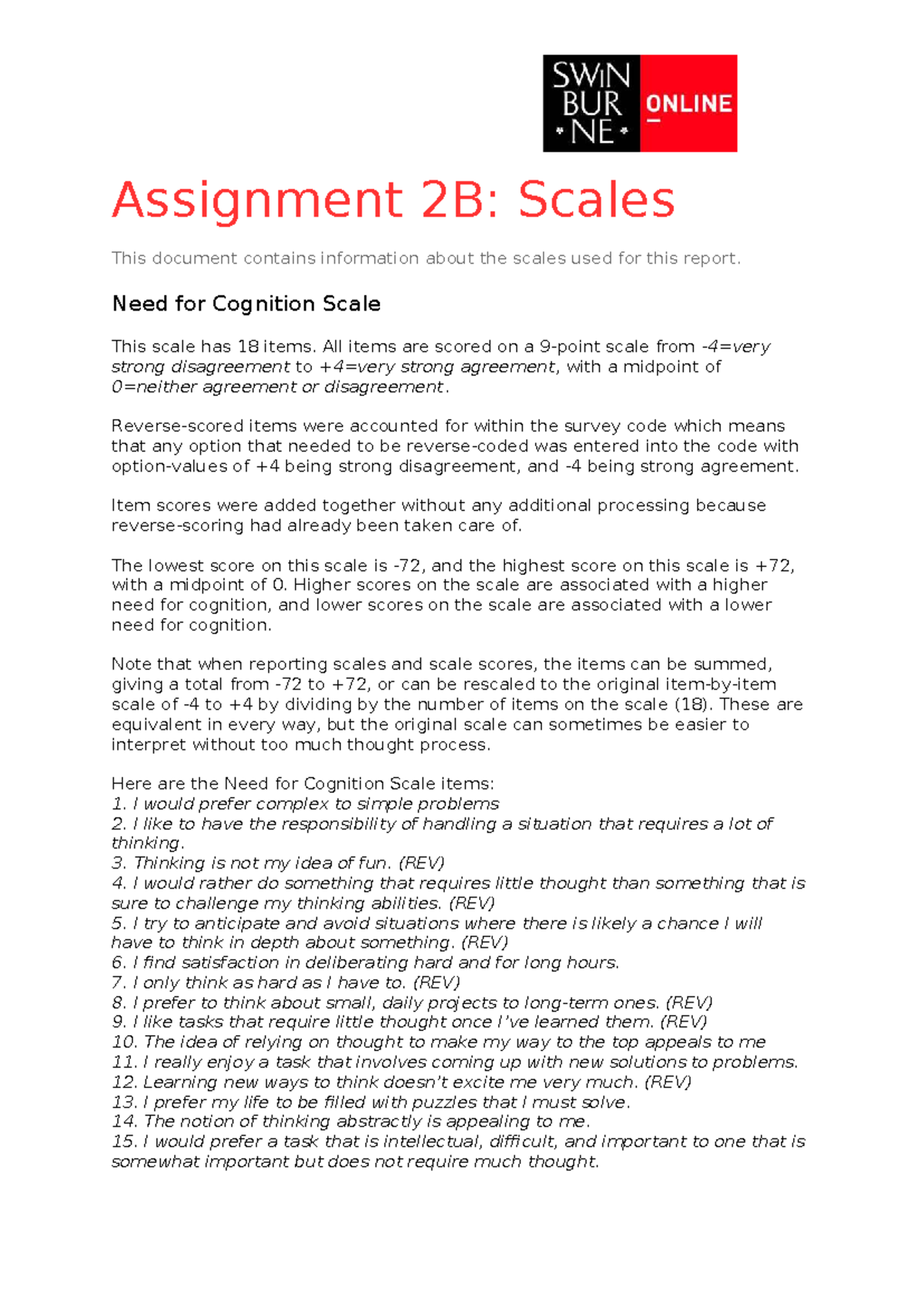Assignment 2B: Overview of Scales and Their Applications - Studocu