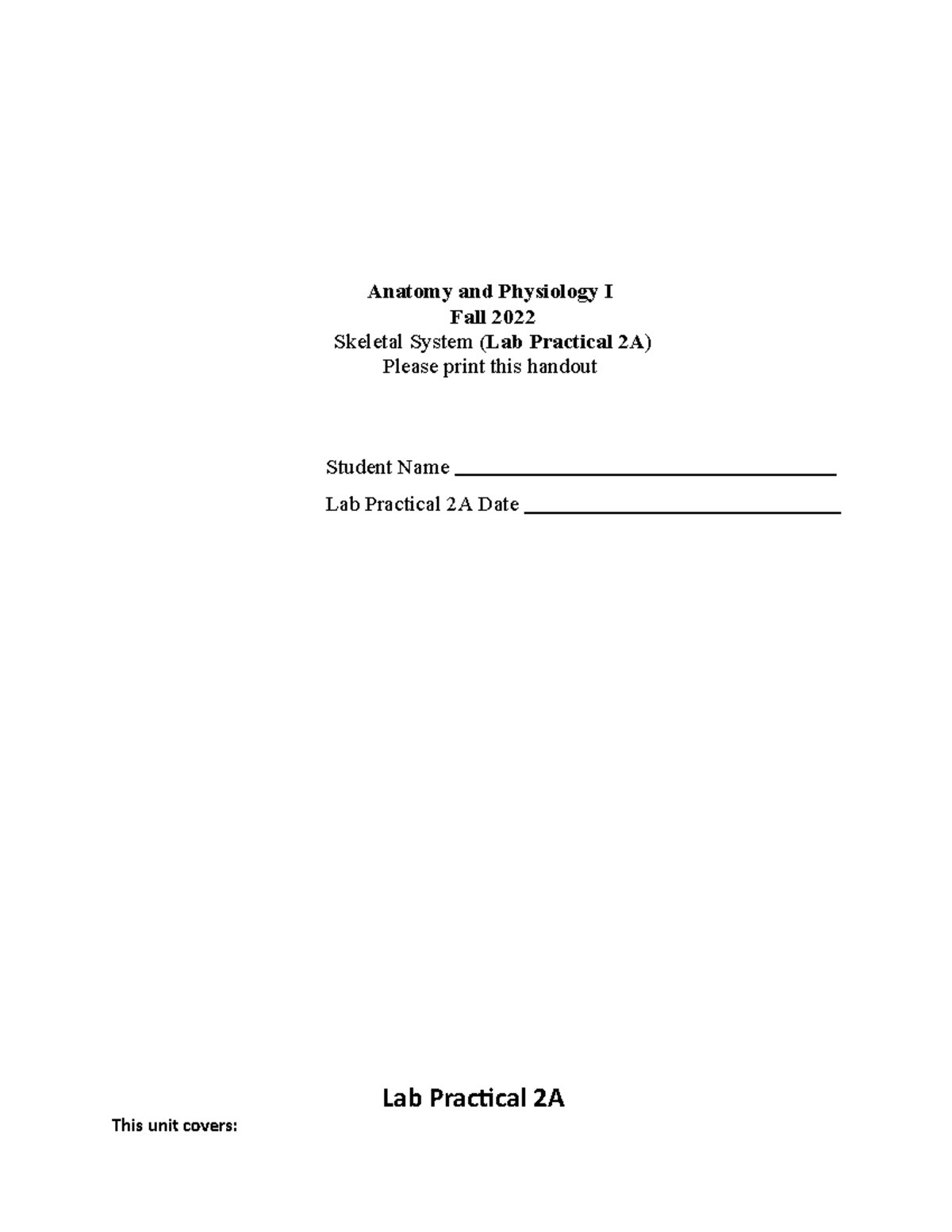 Anatomy and Physiology I Lab Practical 2A Handout - Fall 2022 - Studocu