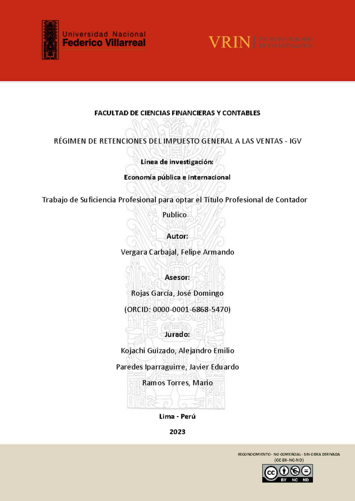 UNFV FCFC Trabajo de Suficiencia Profesional: Régimen de Retenciones IGV 2023 - Document Preview