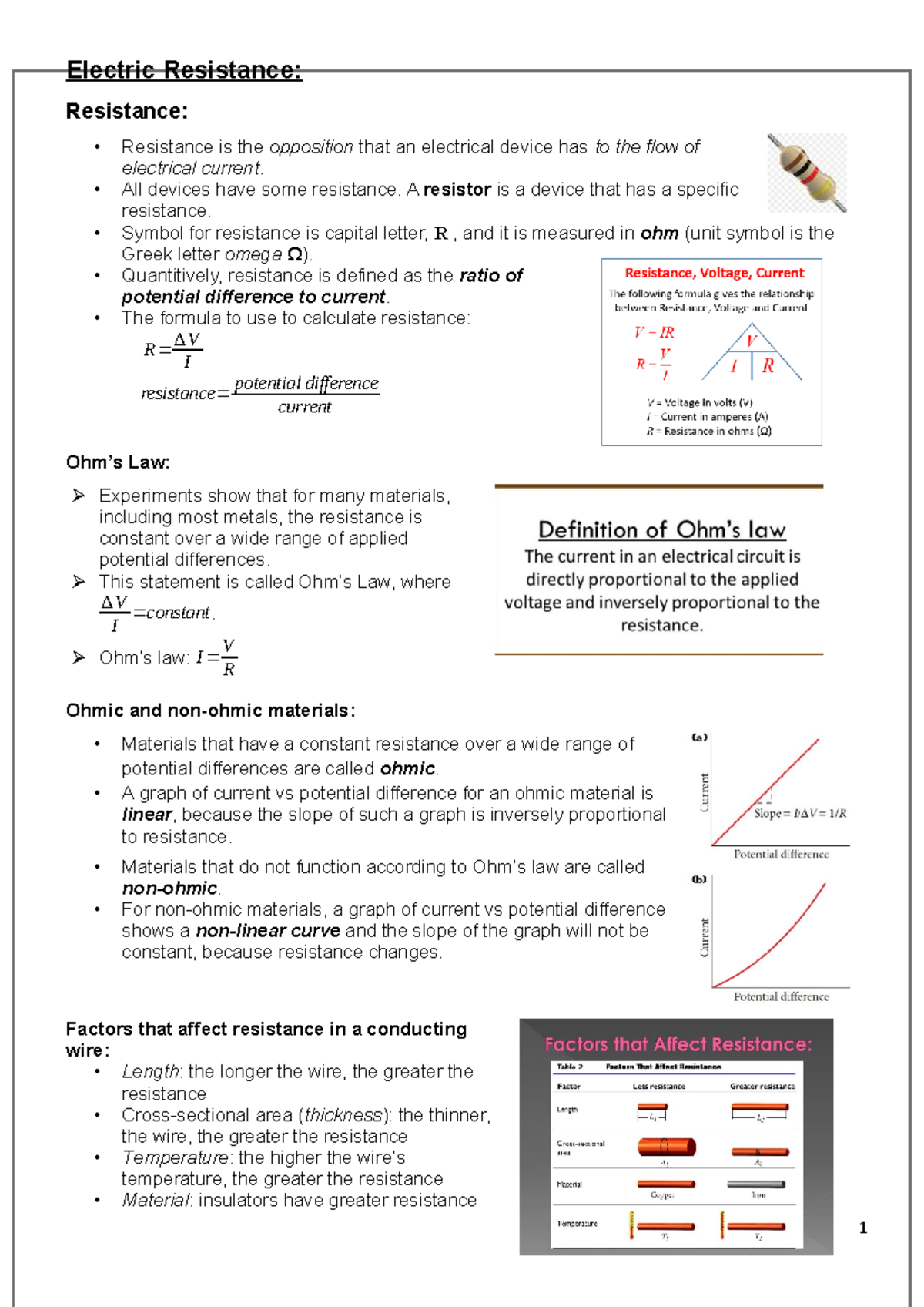 (2.2) Electric Resistance: Key Concepts and Factors - Studocu