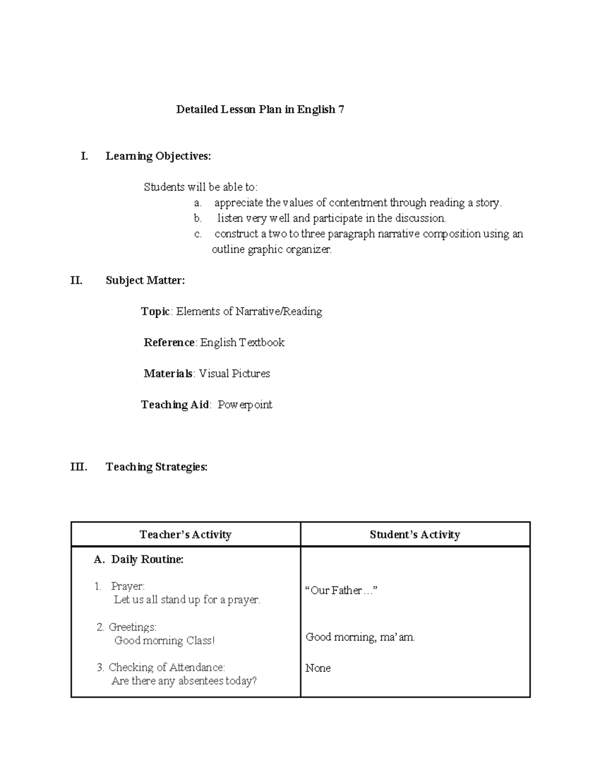 Detailed Lesson Plan in English 7 - Learning Objectives: Students will ...