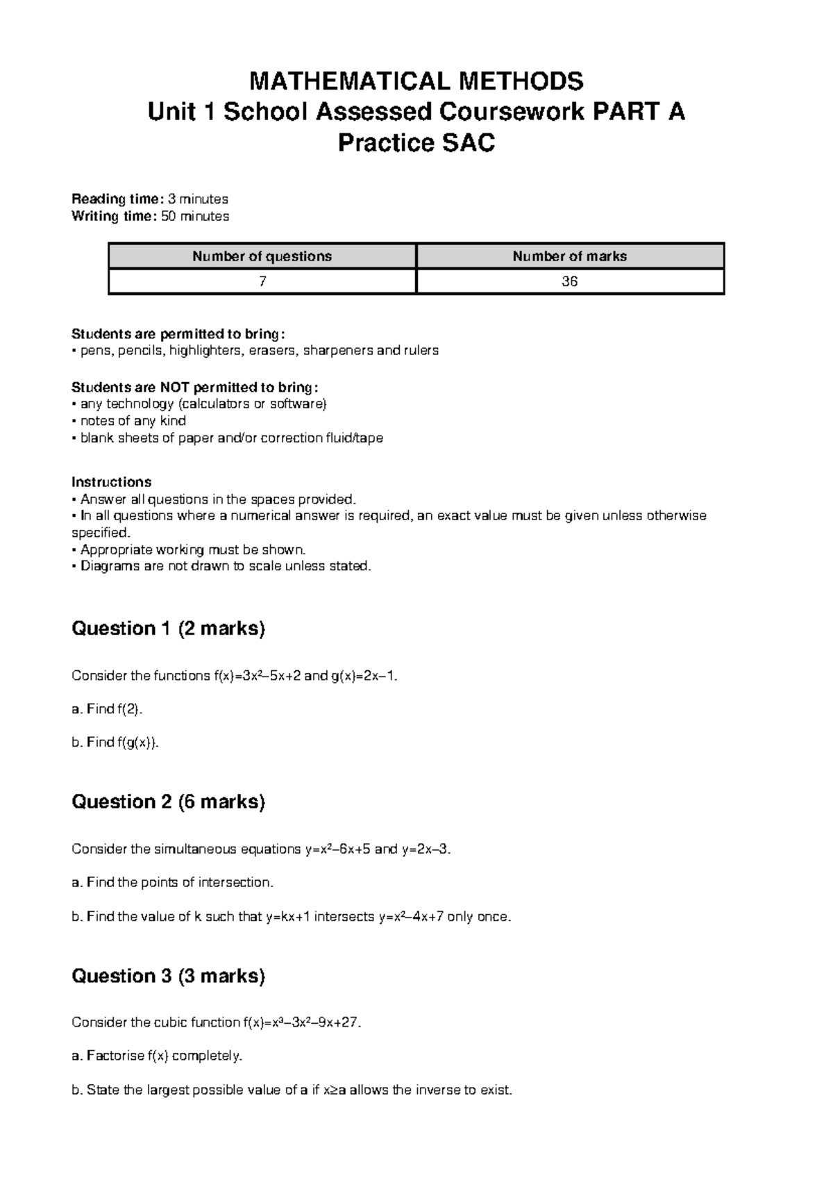 MATHEMATICAL METHODS Unit 1 Practice SAC Part A Guide - Studocu