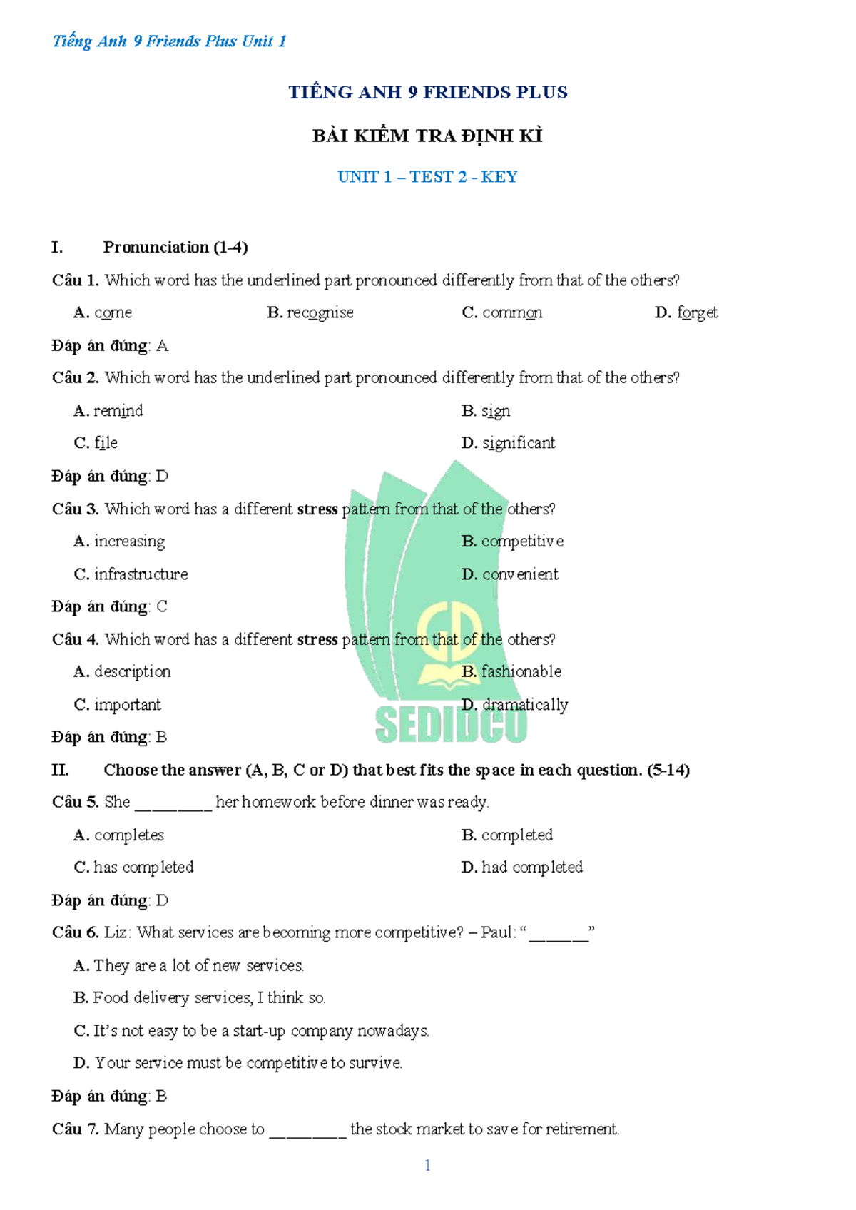 TIẾNG ANH 9 FRIENDS PLUS UNIT 1 TEST 2 ANSWER KEY - Studocu