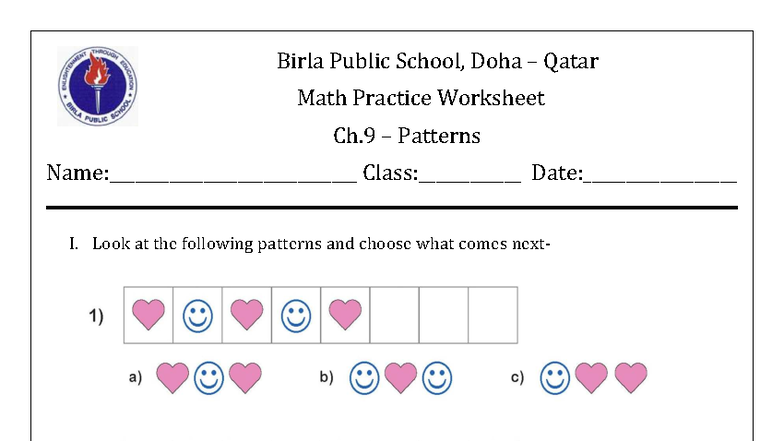 Birla Public School, Doha Qatar Grade 2 Math Worksheet: Ch. 9 Patterns ...