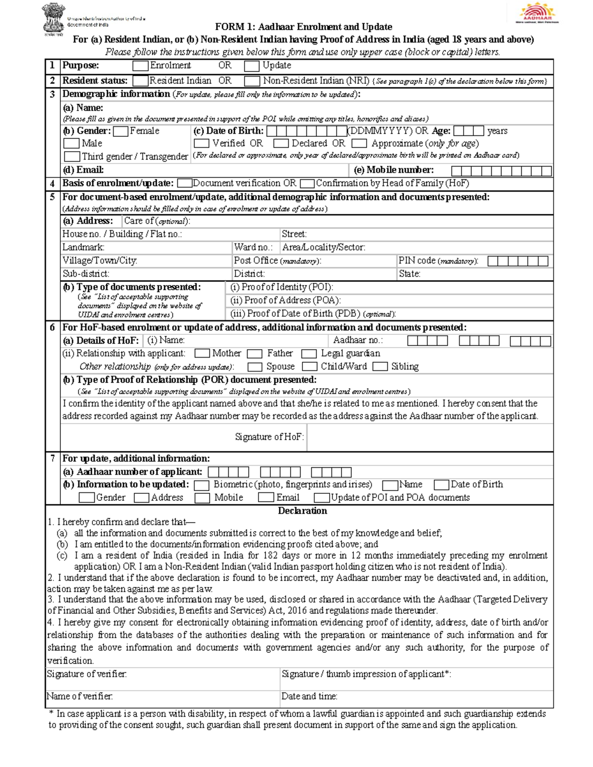 Form 1 Eng - This thing is important - FORM 1: Aadhaar Enrolment and ...