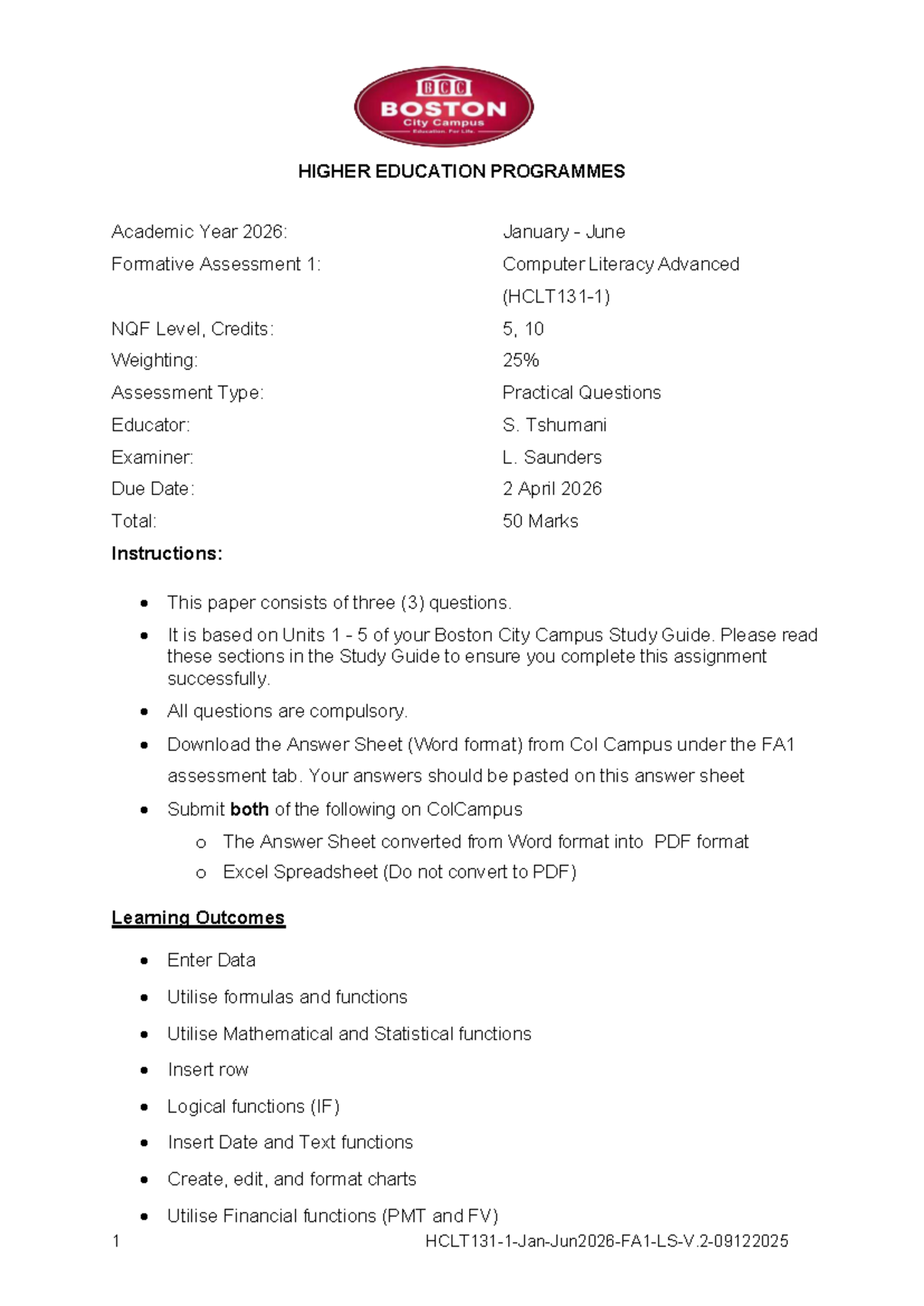 HCLT131 Jan-June 2026 FA1: Computer Literacy Practical Assessment - Studocu