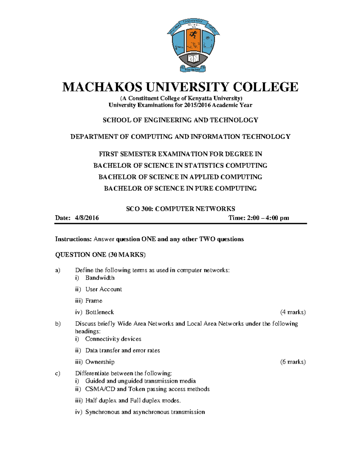 SCO 300: Computer Networks Final Exam Questions and Topics - Studocu