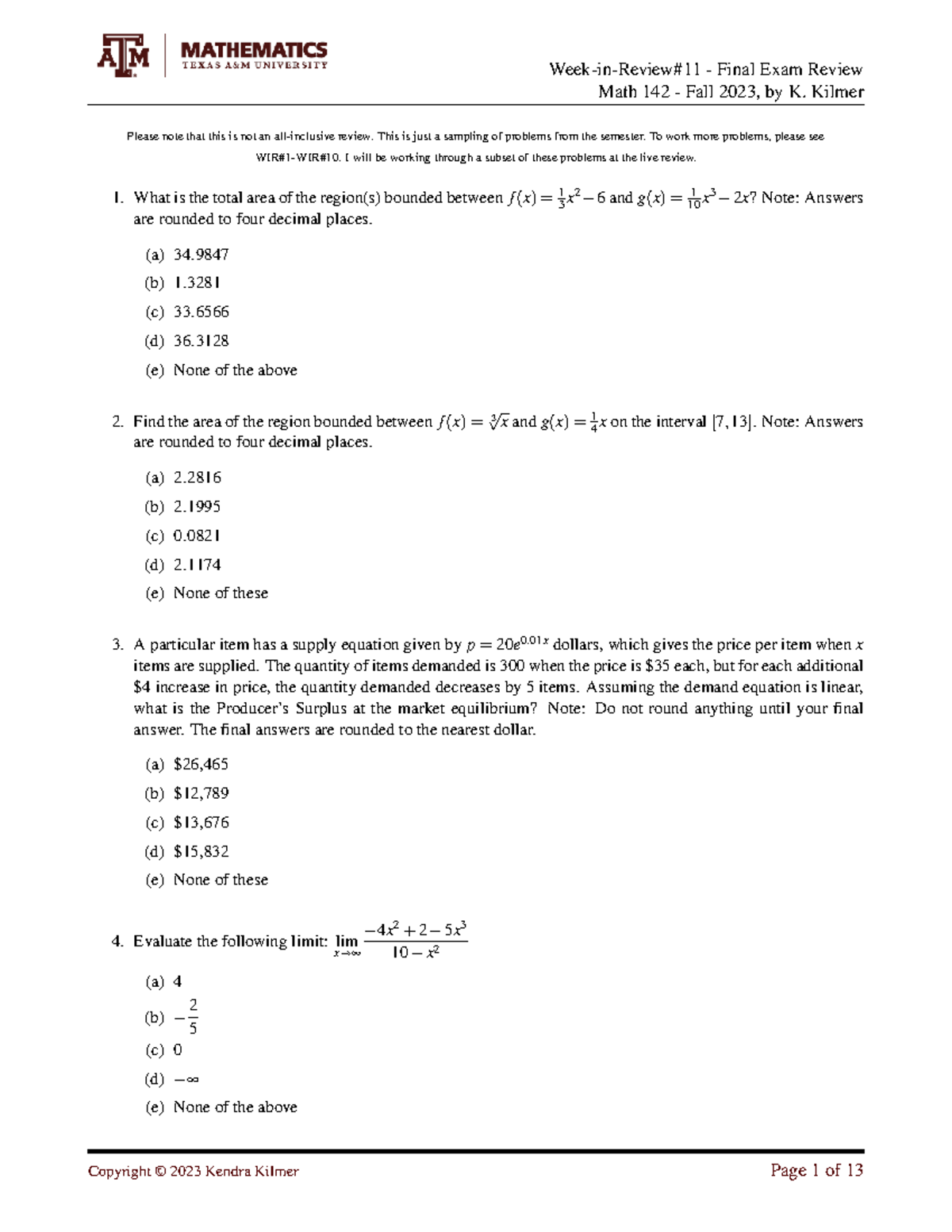 Sampling of Problems for Math 142 Fall 2023 - K. Kilmer - Studocu