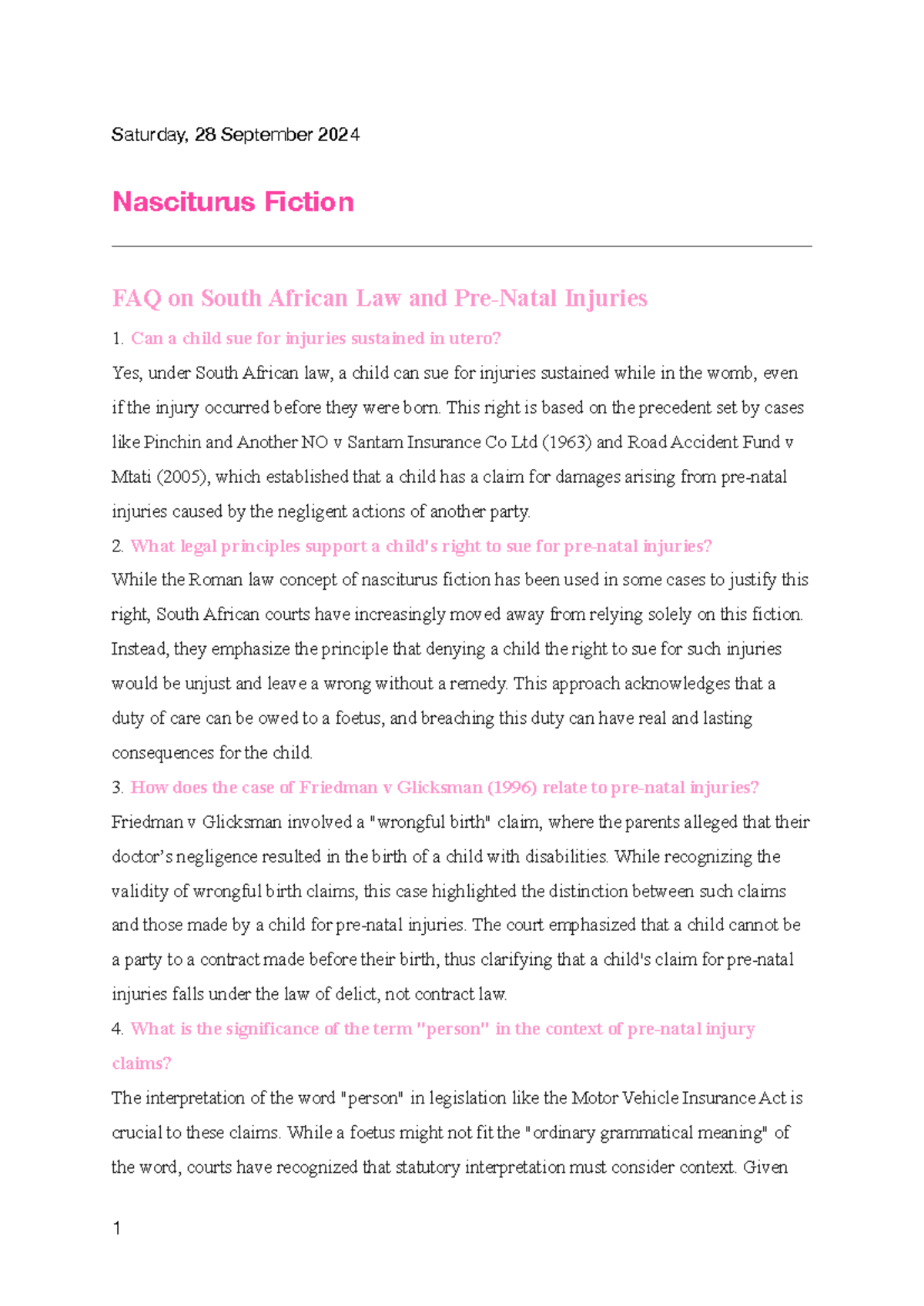 Nasciturus Fiction: Comprehensive Notes on Prenatal Injury Law (SA ...