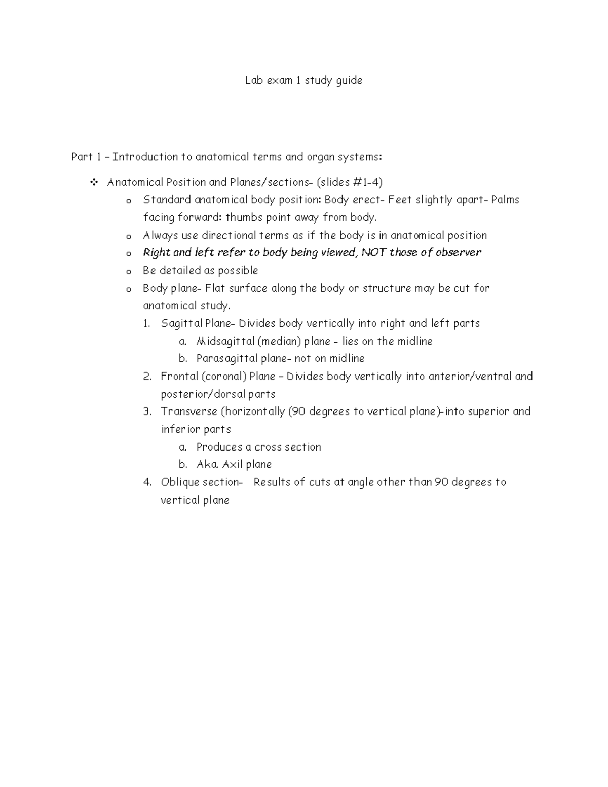 Lab Exam 1 Study Guide: Intro to Anatomical Terms & Organ Systems - Studocu