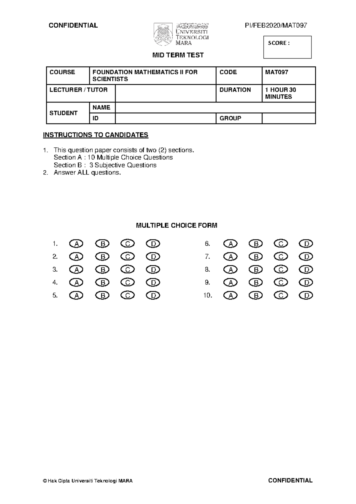 MAT097 Mid Term Test 2020 February - ####### MID TERM TEST COURSE ...