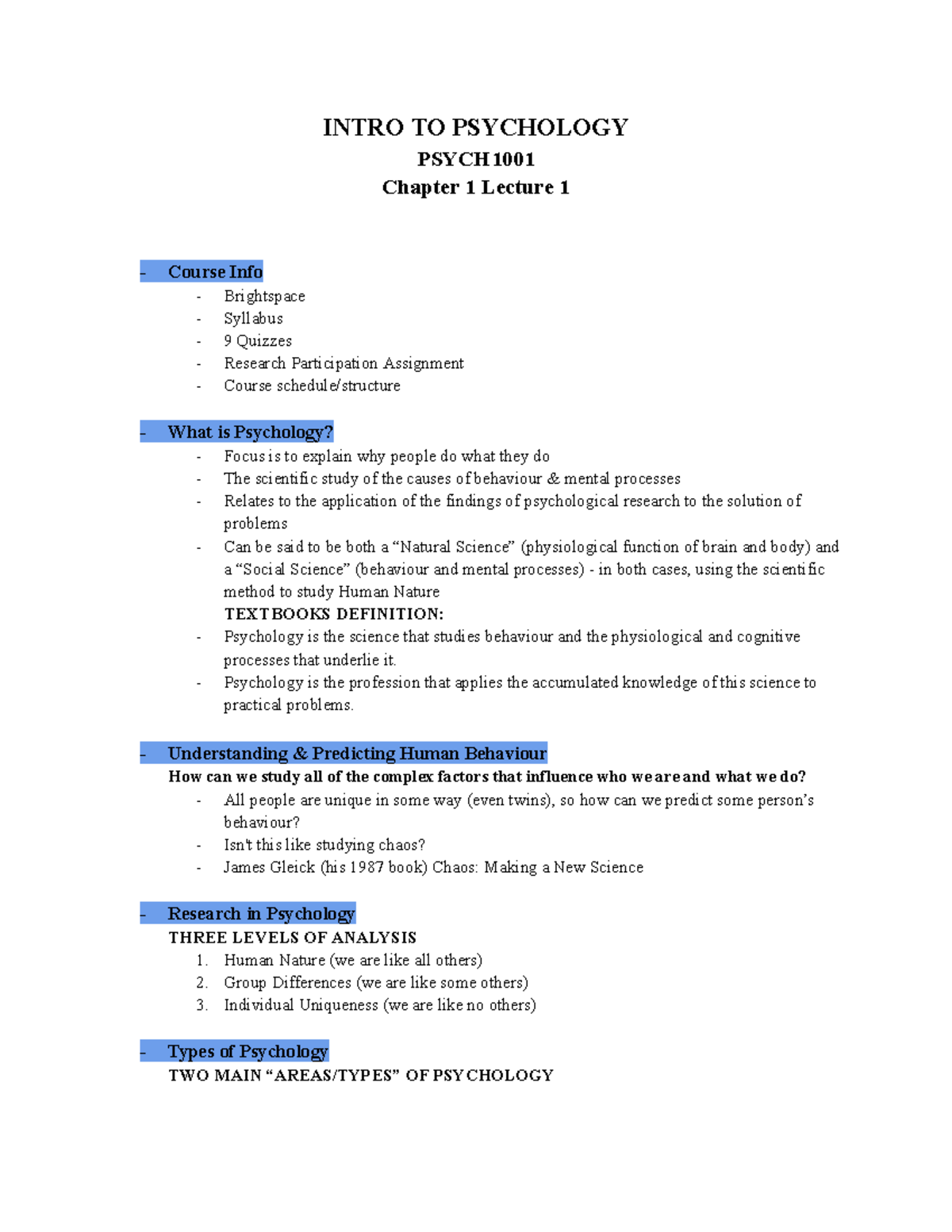 Psych 1001 Lecture Notes: Introduction to Psychology Overview - Studocu