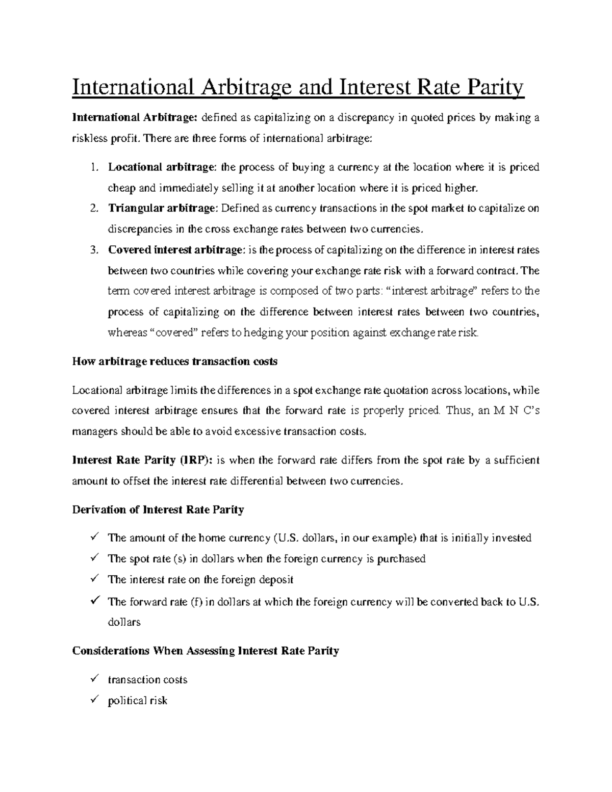 Exam - Exam summary - International Arbitrage and Interest Rate Parity ...