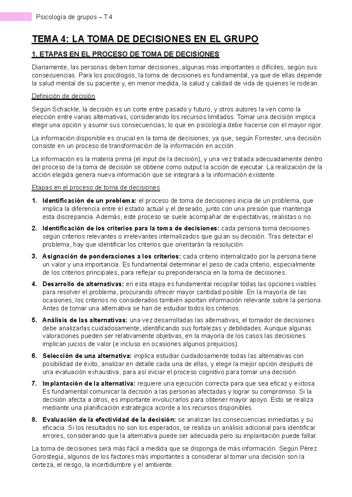 Psicología de Grupos T.4: La Toma de Decisiones en el Grupo - Studocu