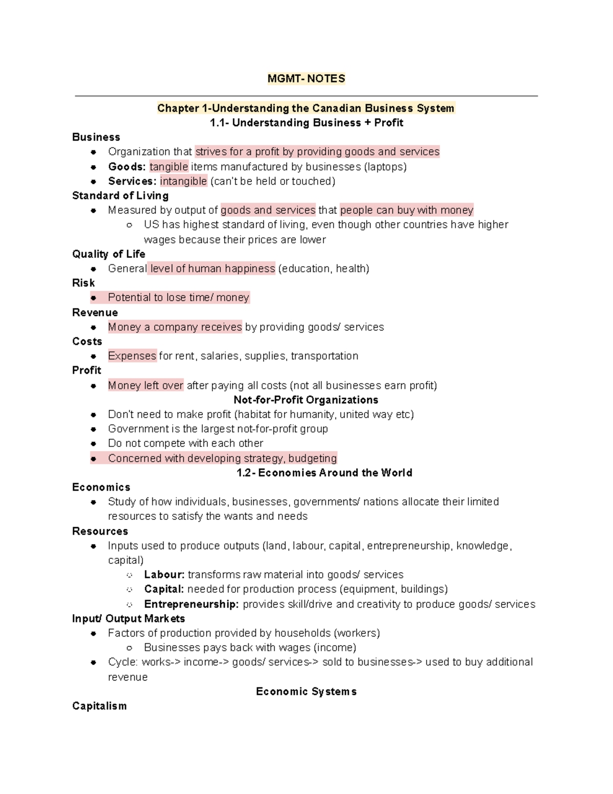 MGMT Introduction to Business- First Year - MGMT- NOTES Chapter 1 ...