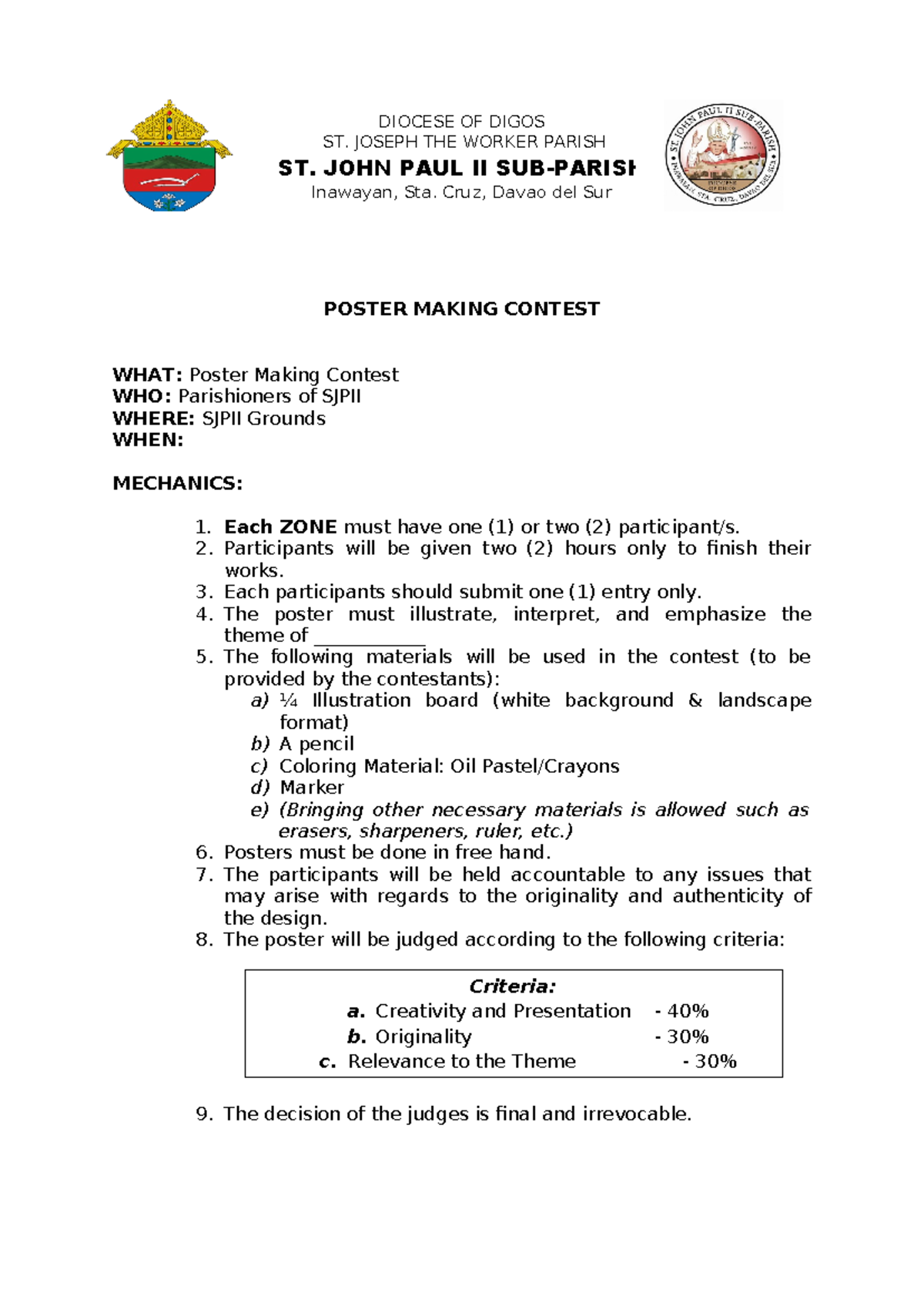 SJPII - Guidelines for Upcoming Parish Competitions - Studocu