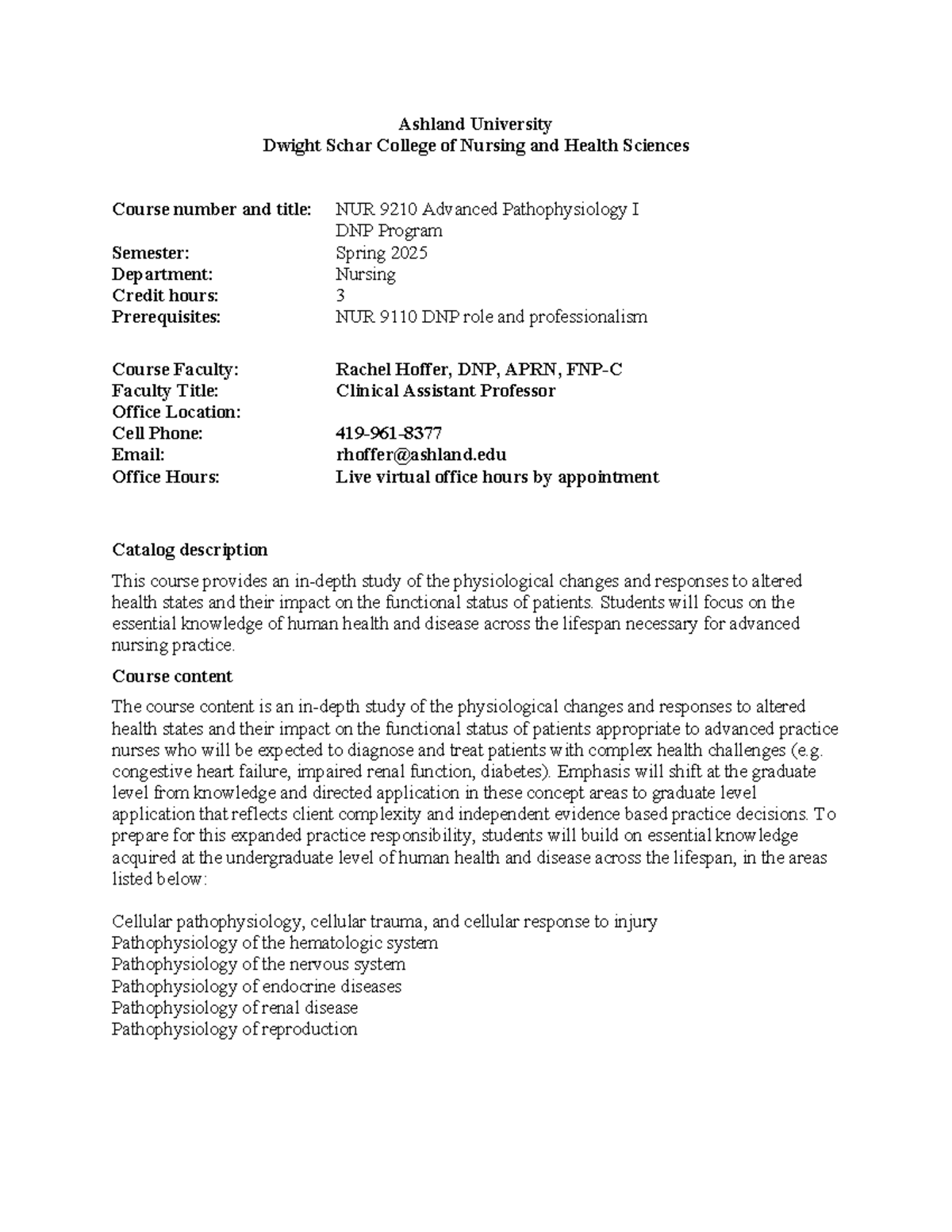 NUR 9210 Advanced Pathophysiology I Syllabus - Spring 2025 - Studocu