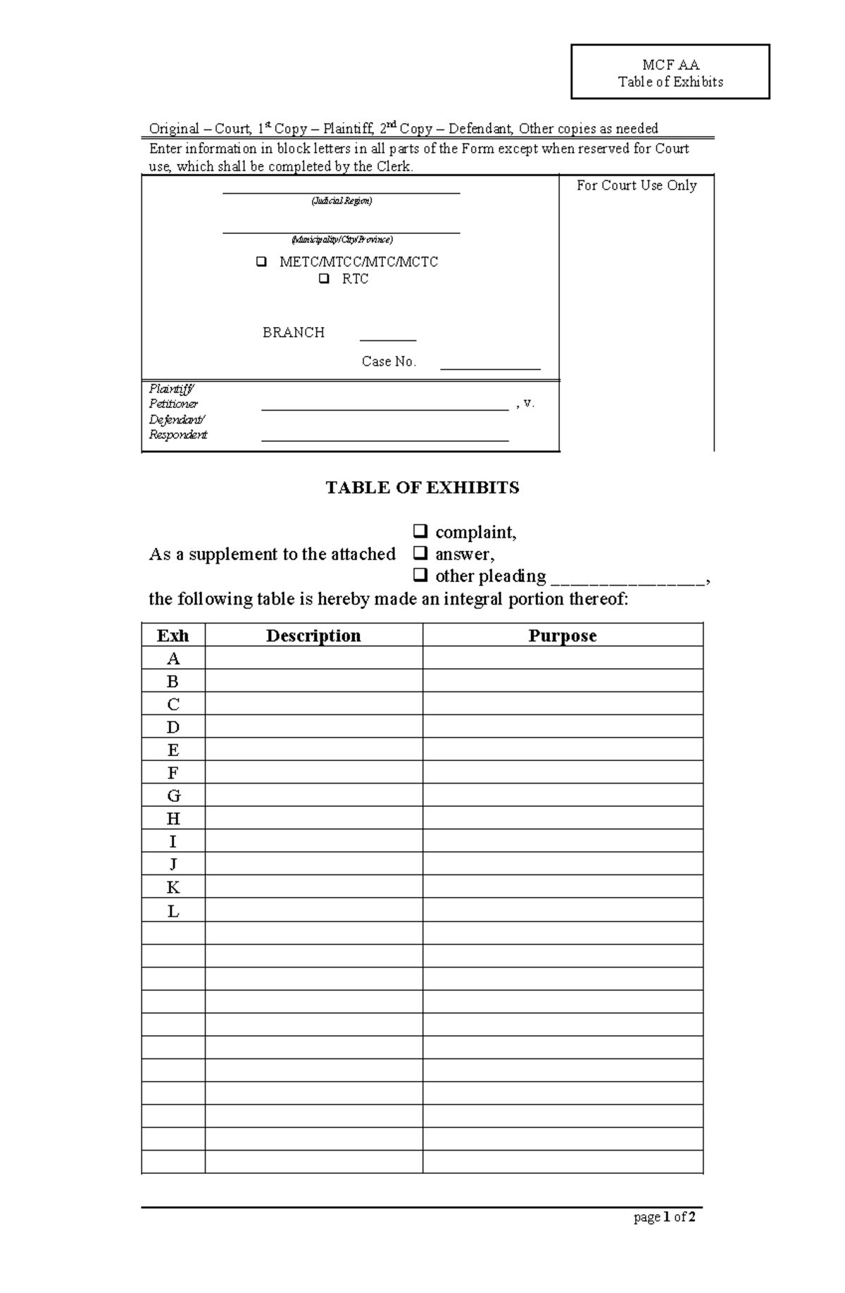 MCF AA Table of Exhibits for Court Case Documentation - Studocu