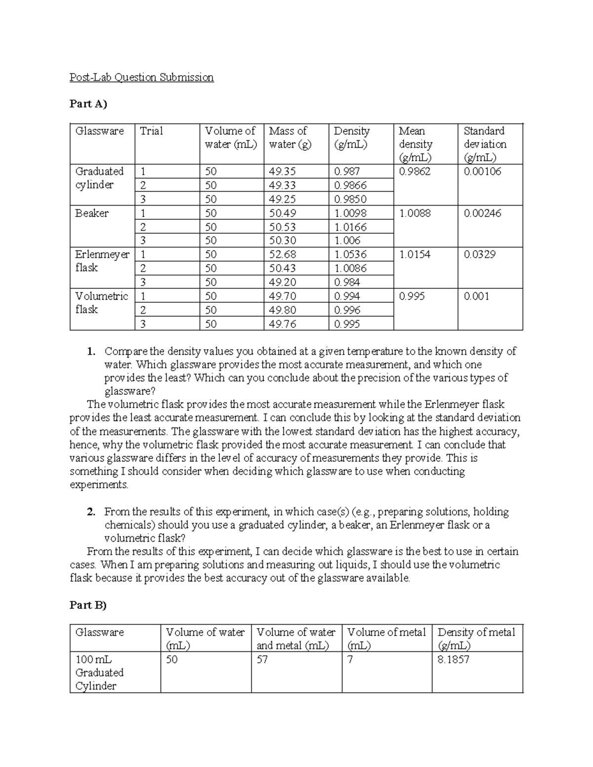 Post-Lab Questions: Glassware Accuracy & Density Measurements (Chem 101 ...