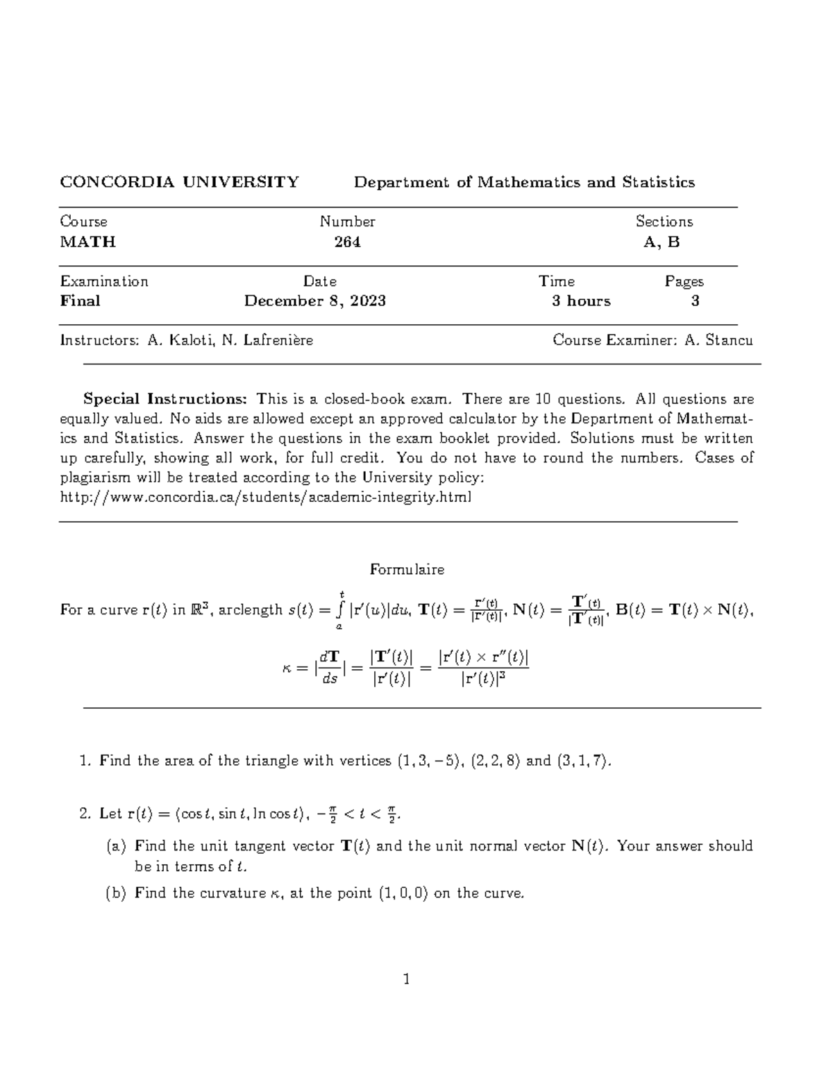 Final Exam Review Guide for MATH 264 - December 2023 - Studocu
