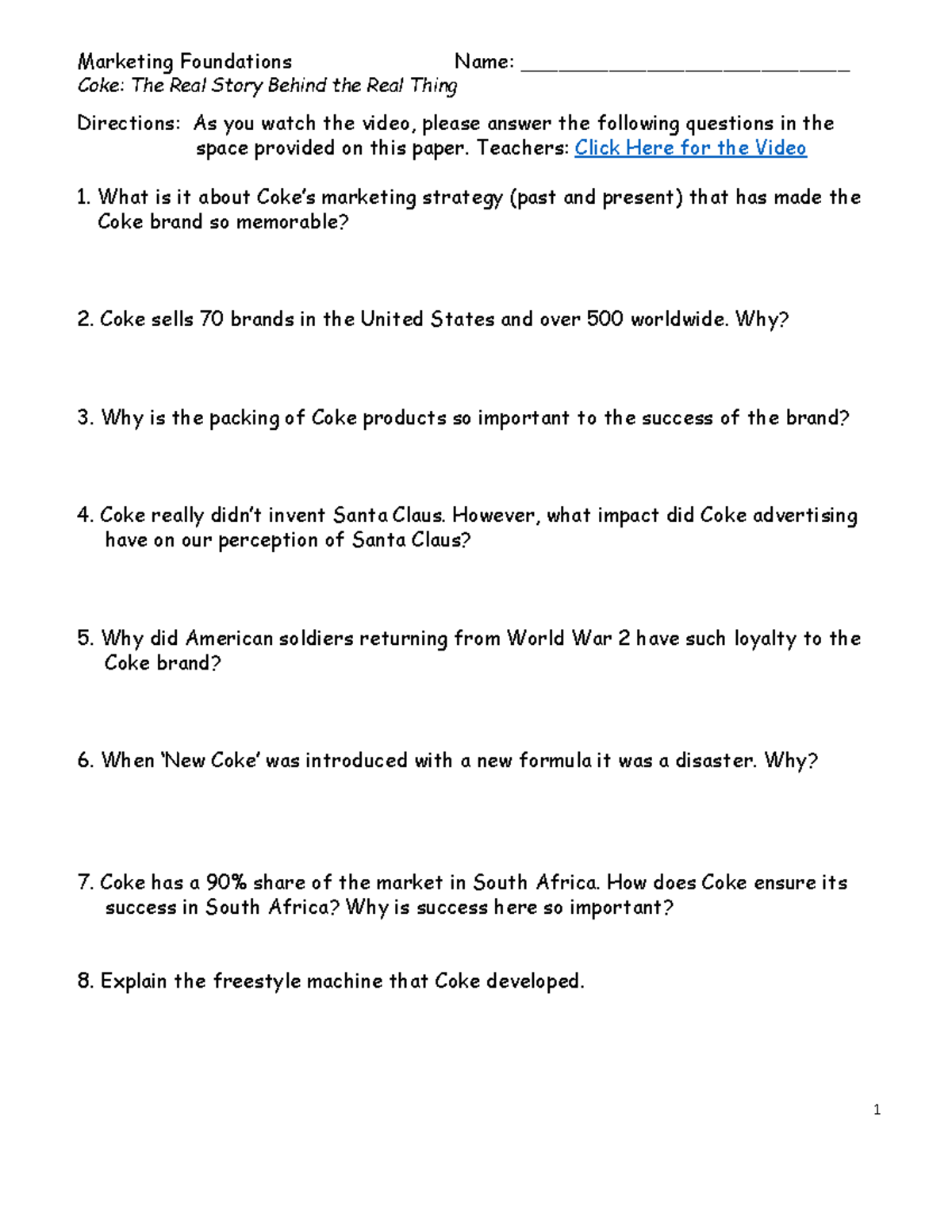 [Template] 03 Video Coke Questions - Marketing Foundations Name