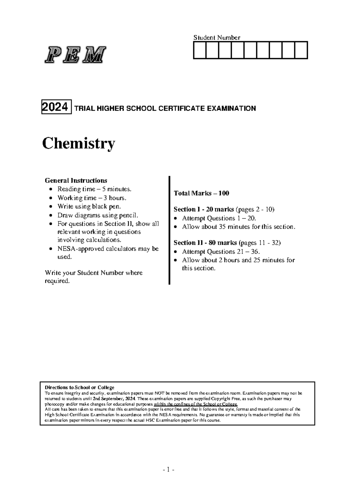 PEM 2024 Chemistry Trial HSC Exam Paper & Student Instructions - Studocu