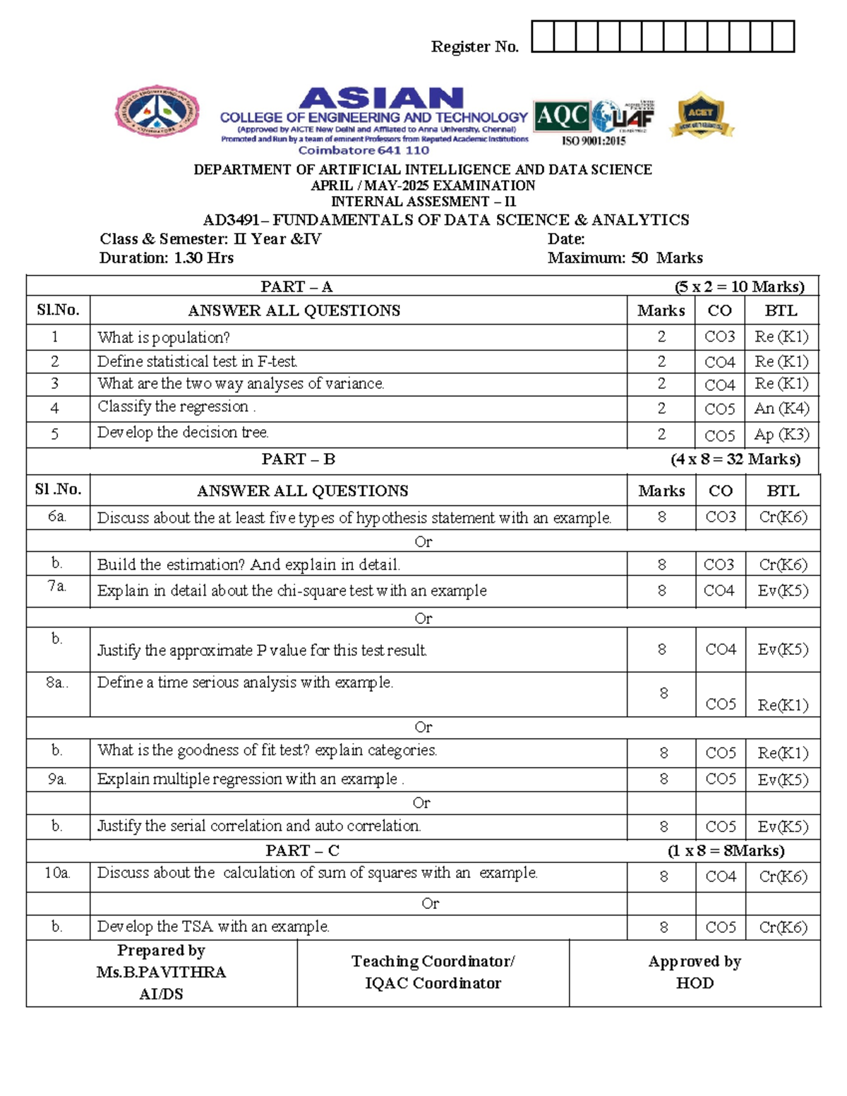 FODS II - April Exam Internal Assessment I: Fundamentals of Data ...