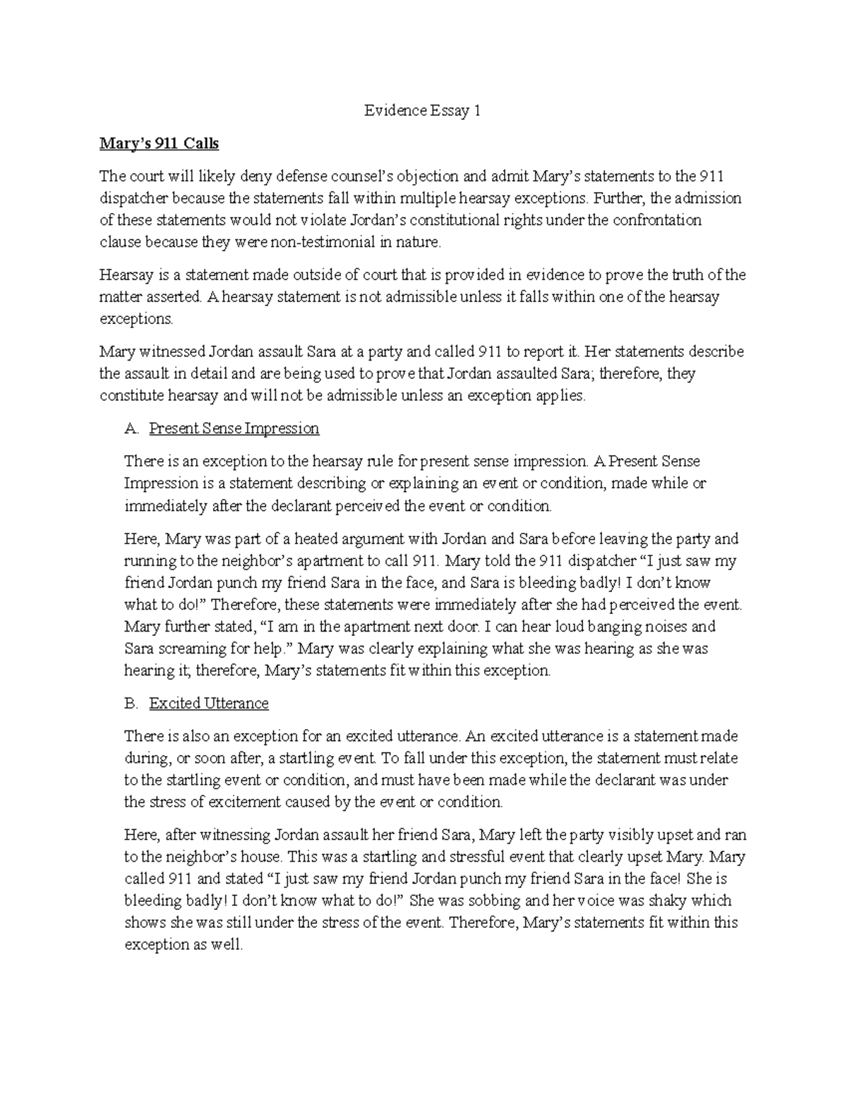 Evidence Essay 1: Hearsay Exceptions in 911 Calls - Studocu