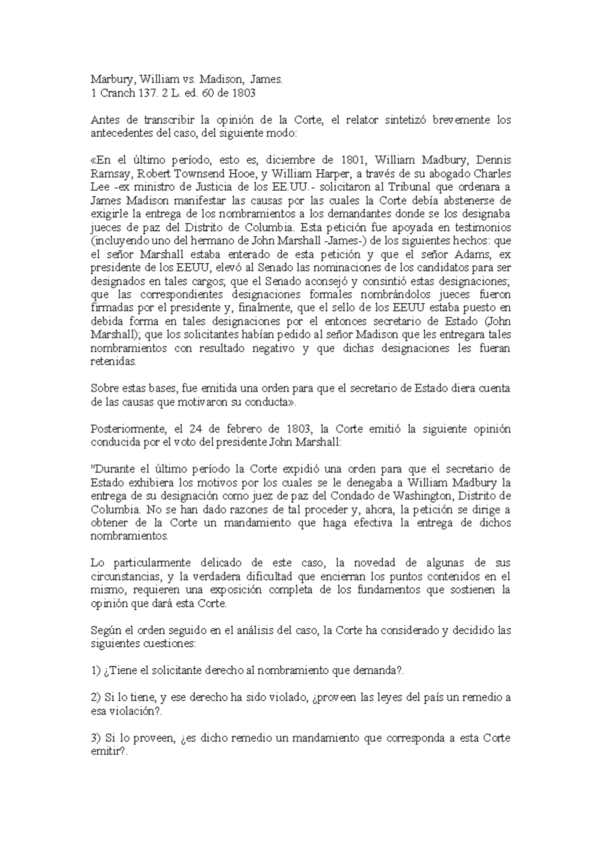Análisis del Caso Marbury vs. Madison: Opinión de la Corte de 1803 ...