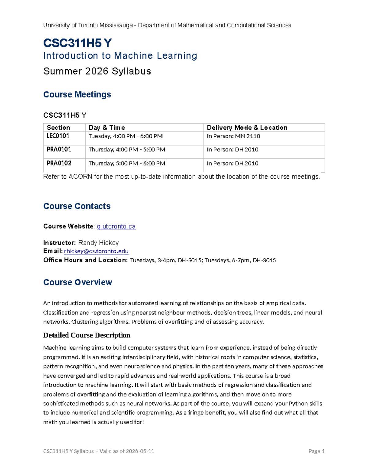 CSC311H5 Y Introduction to Machine Learning Summer 2026 Syllabus - Studocu