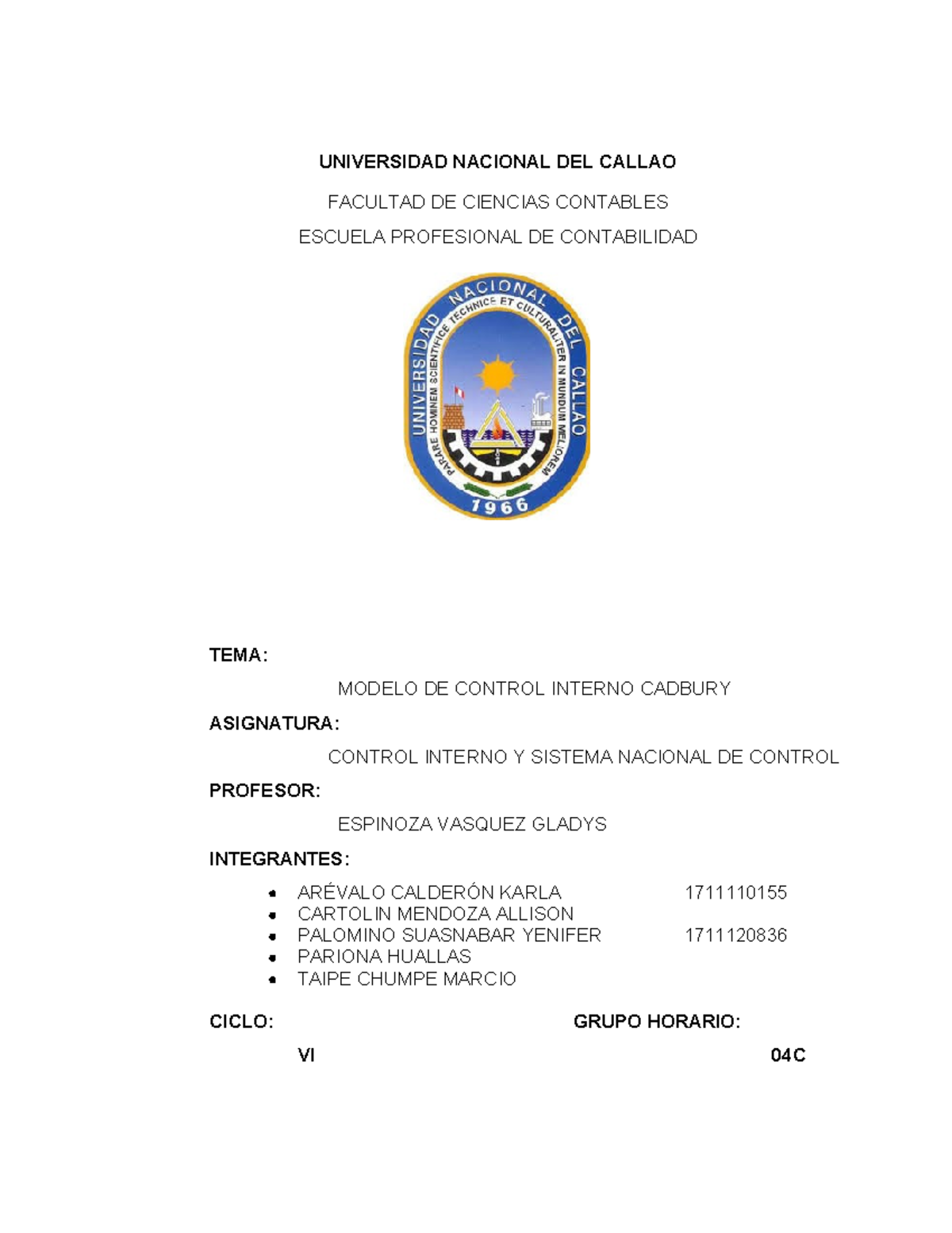 Modelo de Control Interno Cadbury - Control Interno y Gobierno Corporativo - Document Preview