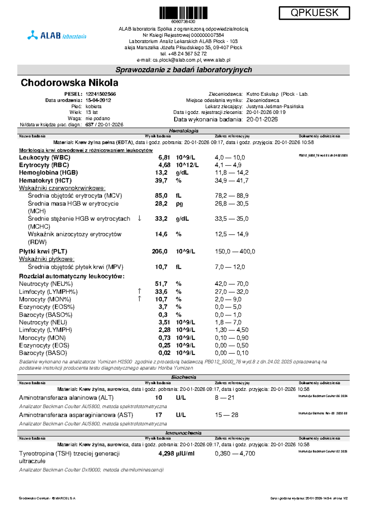 Laboratory Report: Hematology & Biochemistry Analysis QPKUESK ...
