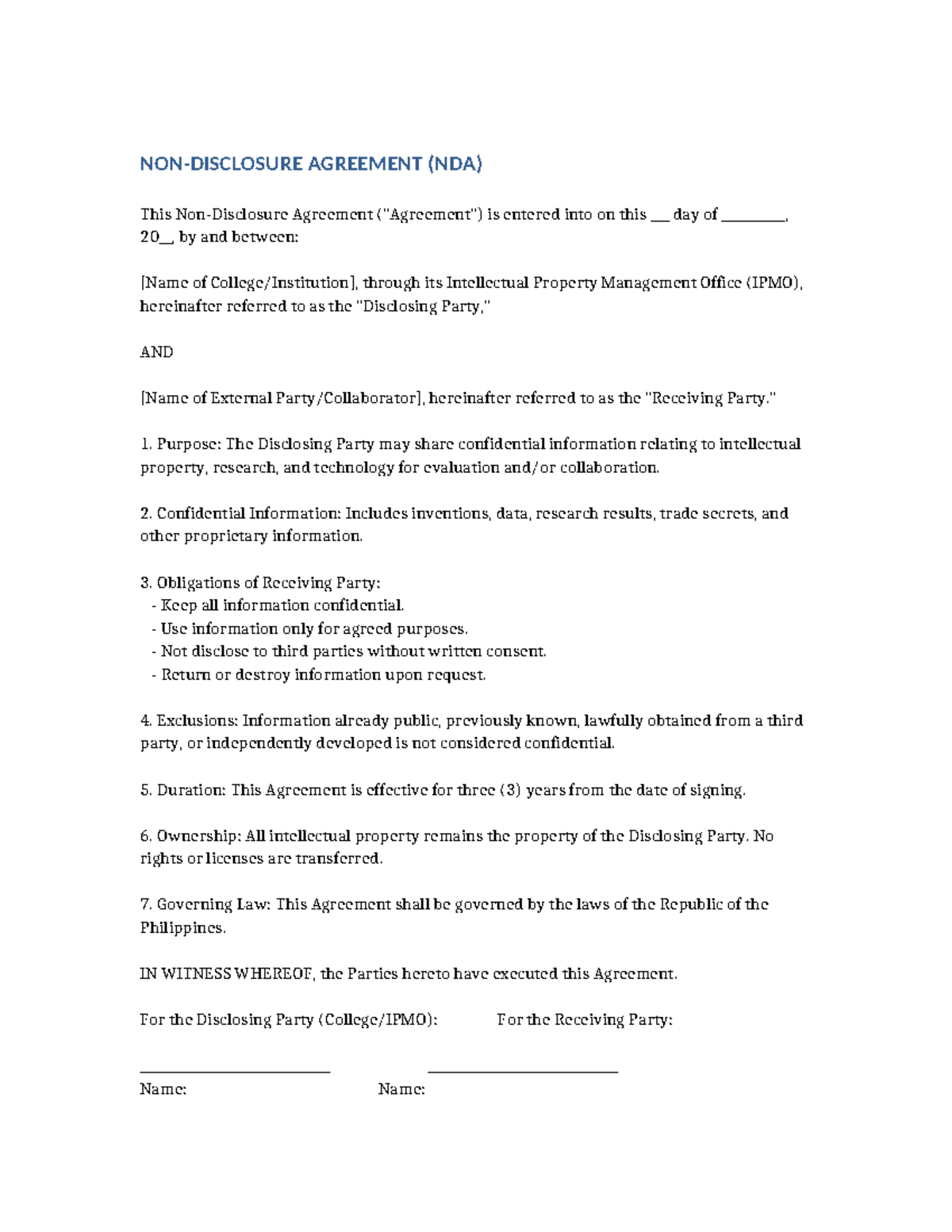 Short Form NDA Agreement for Confidentiality - Studocu