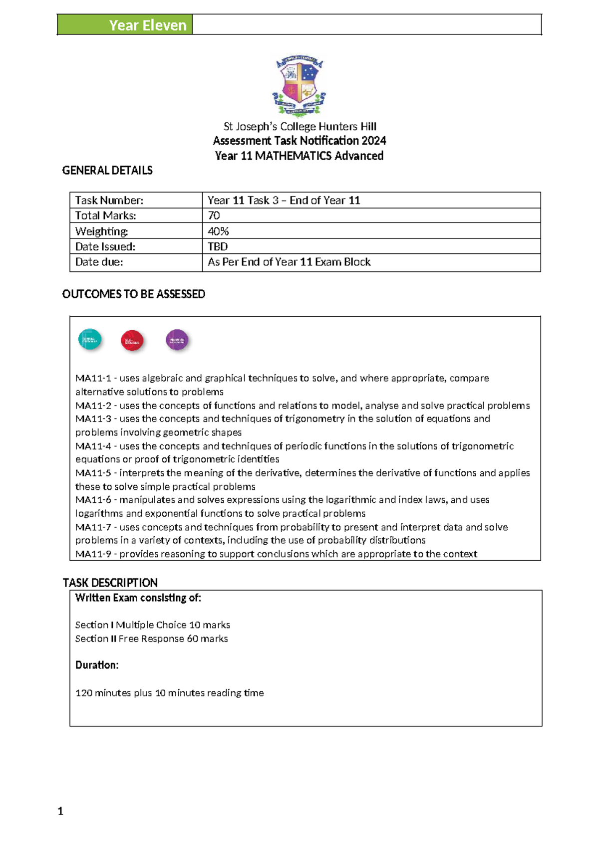 Year 11 MATHEMATICS Advanced Task 3 Exam Notification 2024 - Studocu