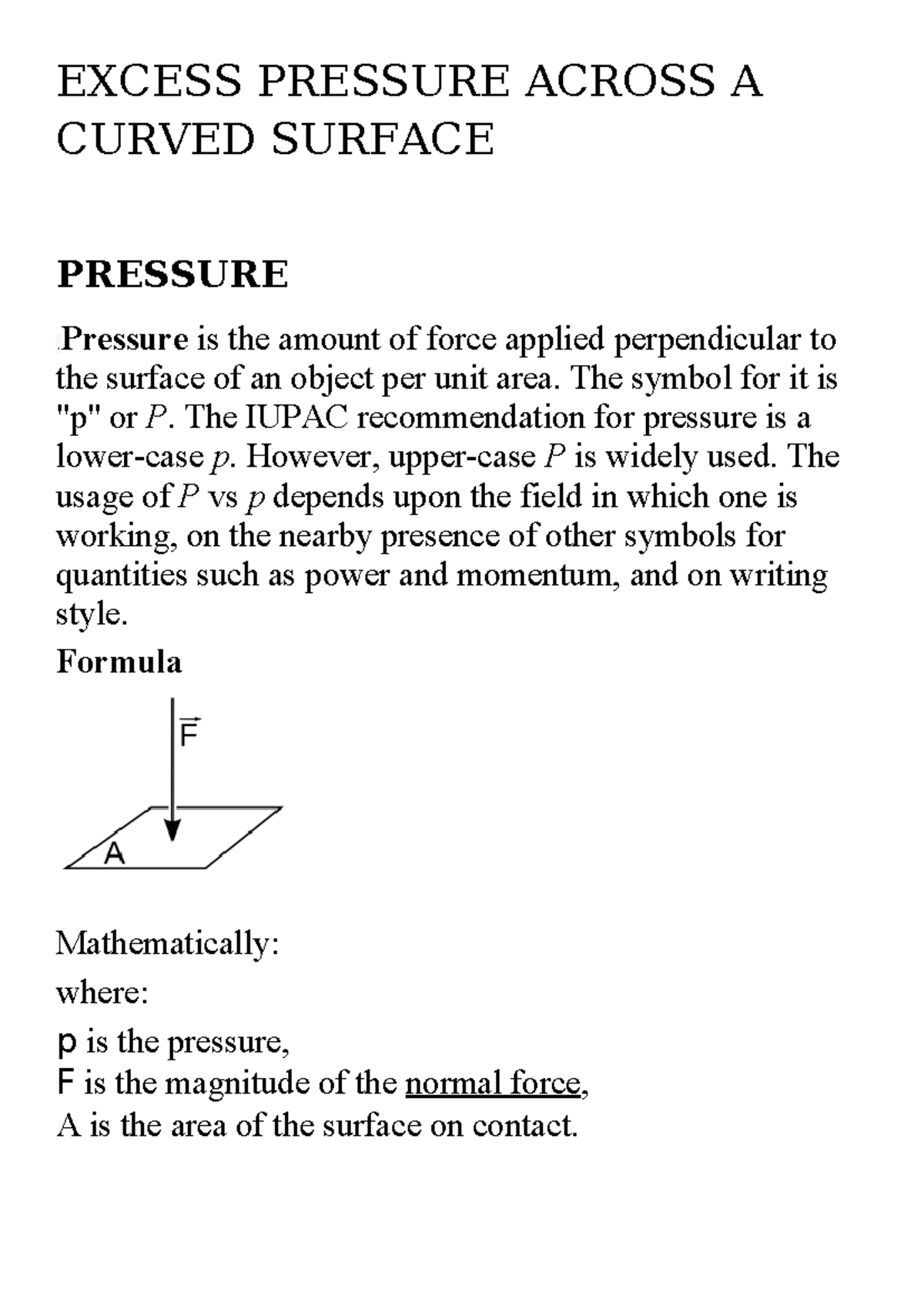 Excess Pressure Across A Curved Surface - EXCESS PRESSURE ACROSS A ...
