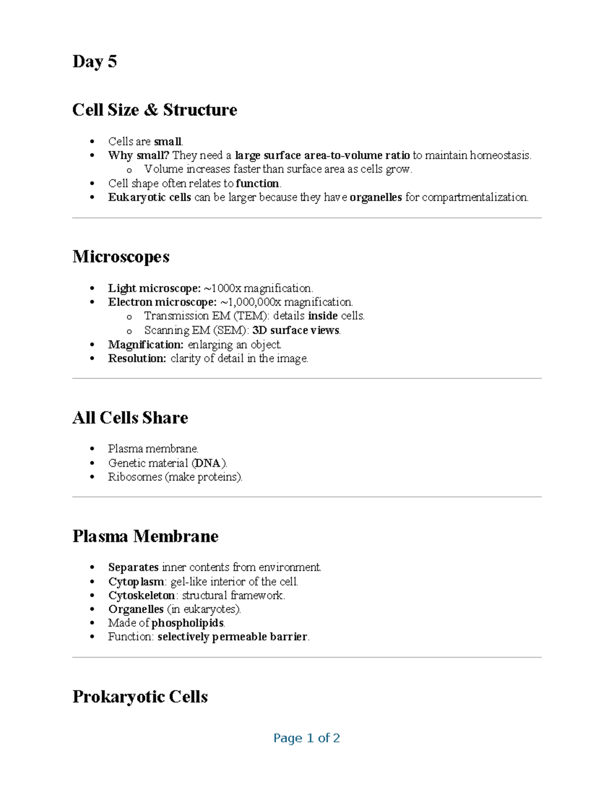 Cell Size, Structure, and Function Overview - Bio 101 Lecture Notes ...
