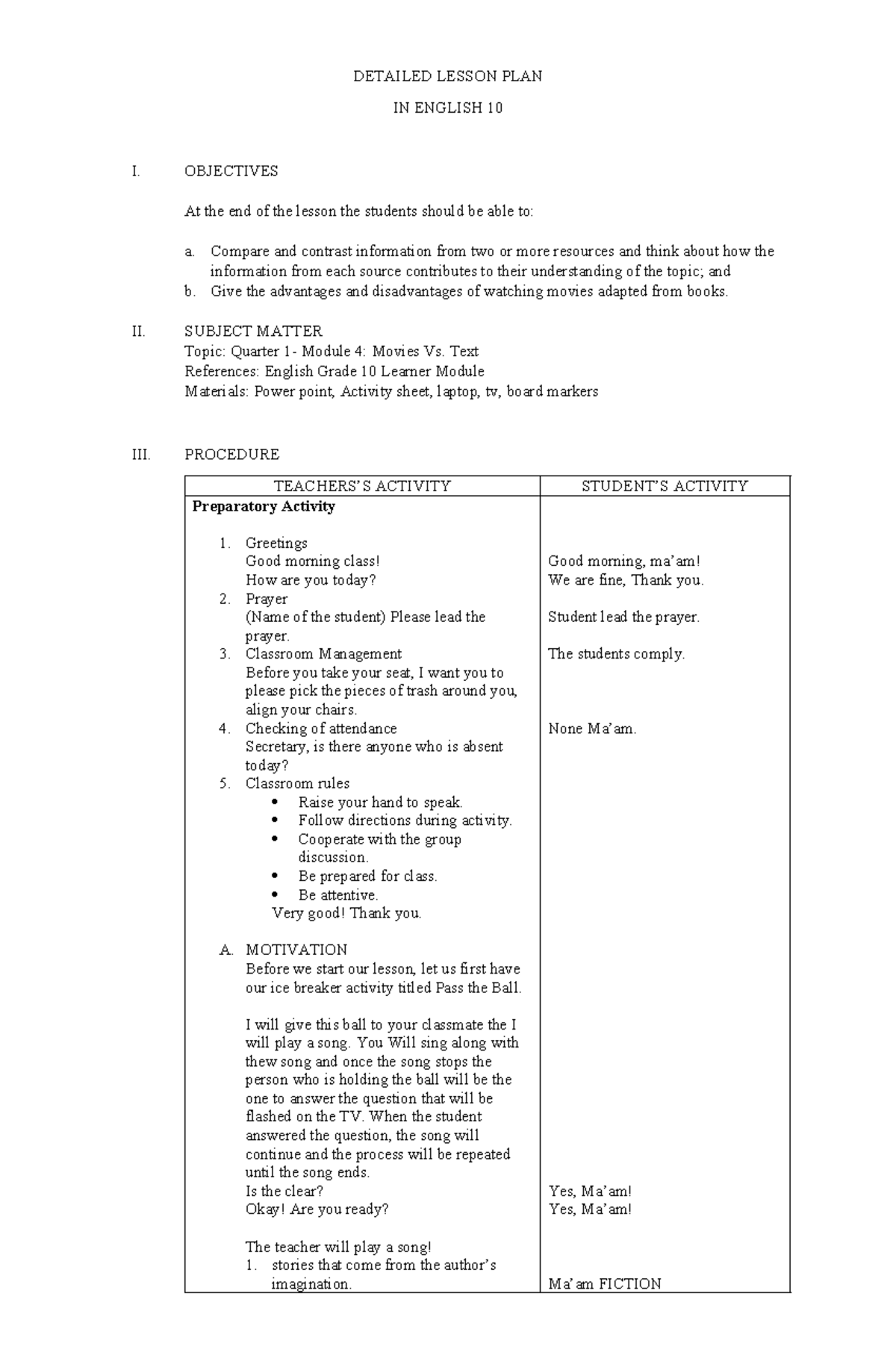Detailed Lesson PLAN - DETAILED LESSON PLAN IN ENGLISH 10 I. OBJECTIVES ...
