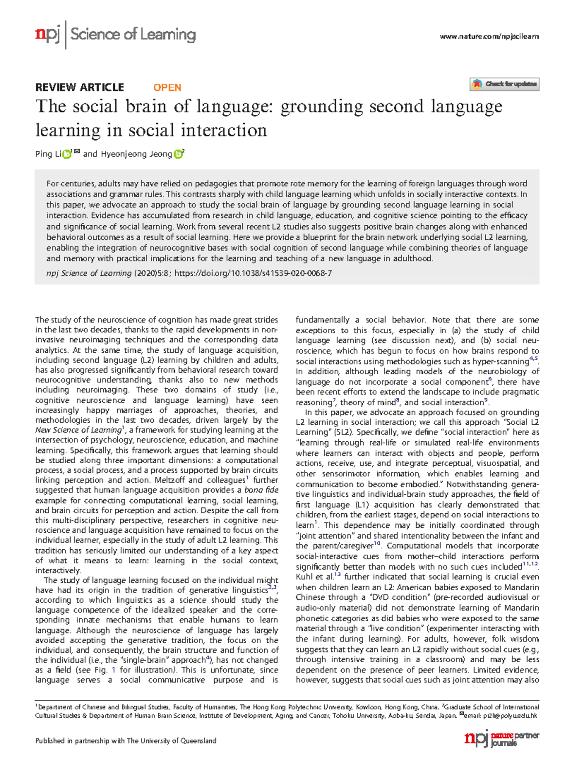 REVIEW ARTICLE: The Social Brain of Language in L2 Learning (S41539 020 ...