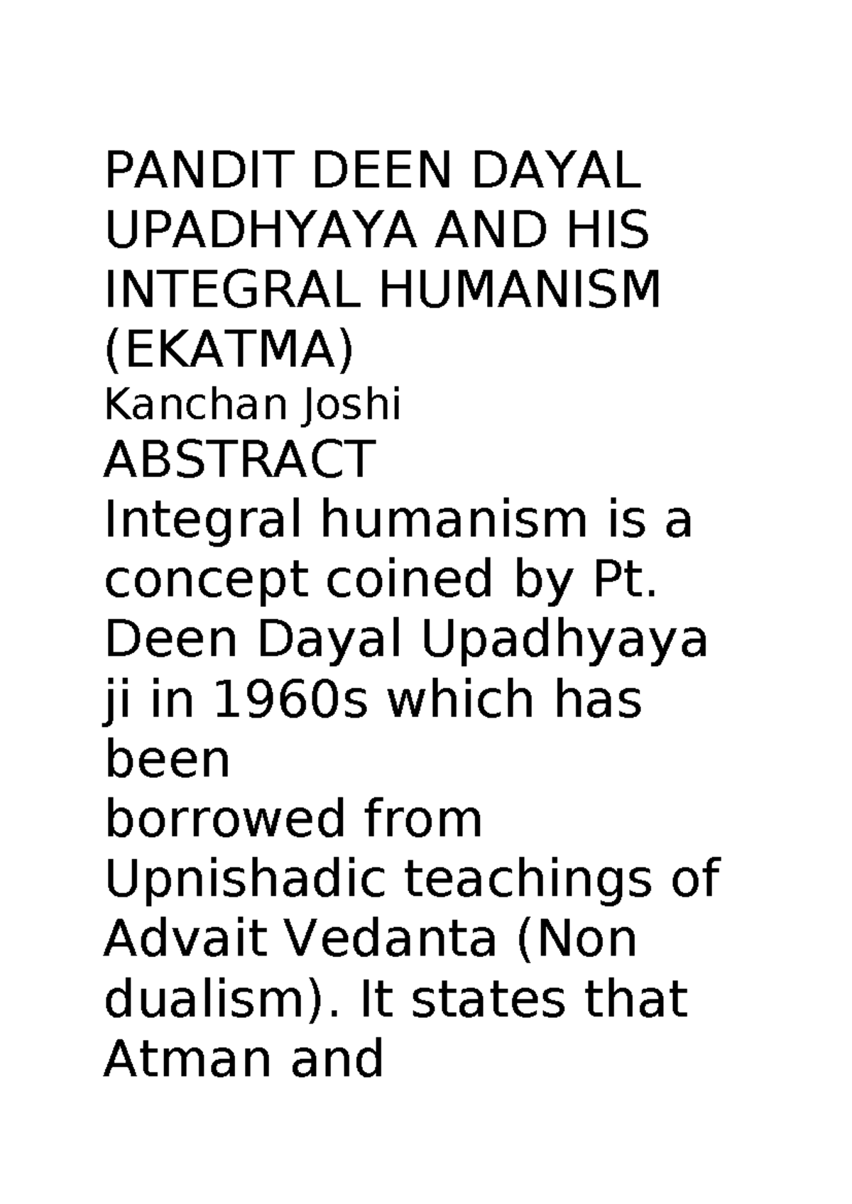 Pandit DEEN Dayal Upadhyaya AND HIS Integral Humanism - PANDIT DEEN ...