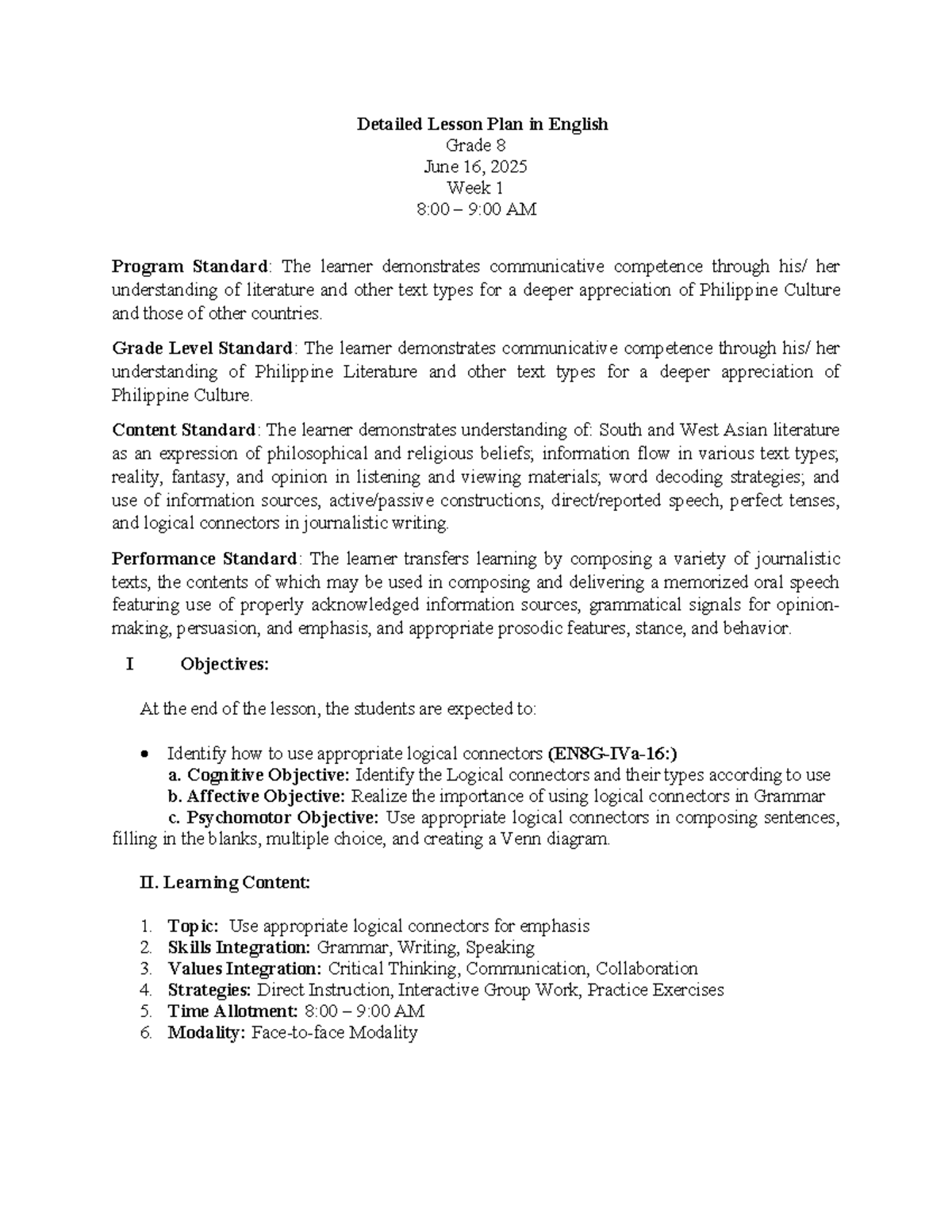 Detailed Lesson Plan: Using Logical Connectors in English 8 (Week 1 ...