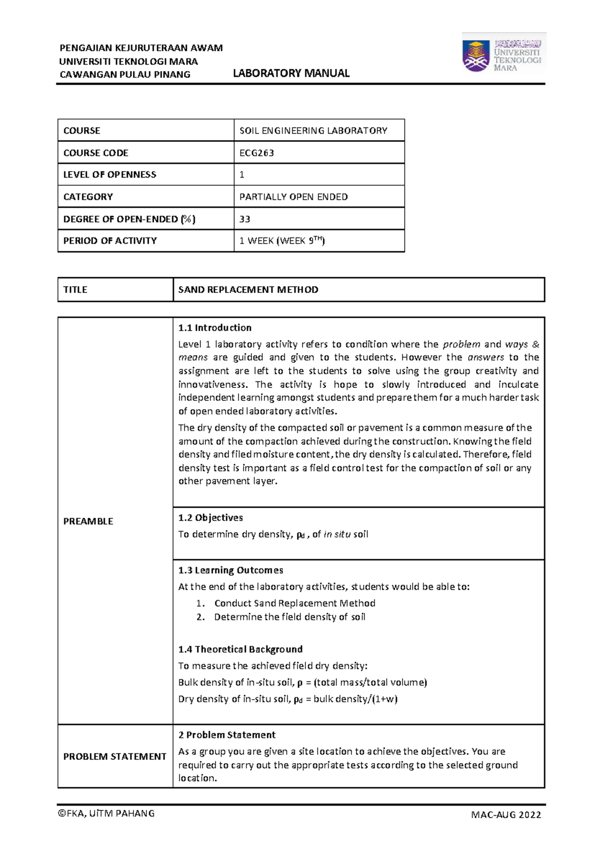 LAB 5 - SAND Replacement Method - LABORATORY MANUAL ©FKA, UiTM PAHANG ...