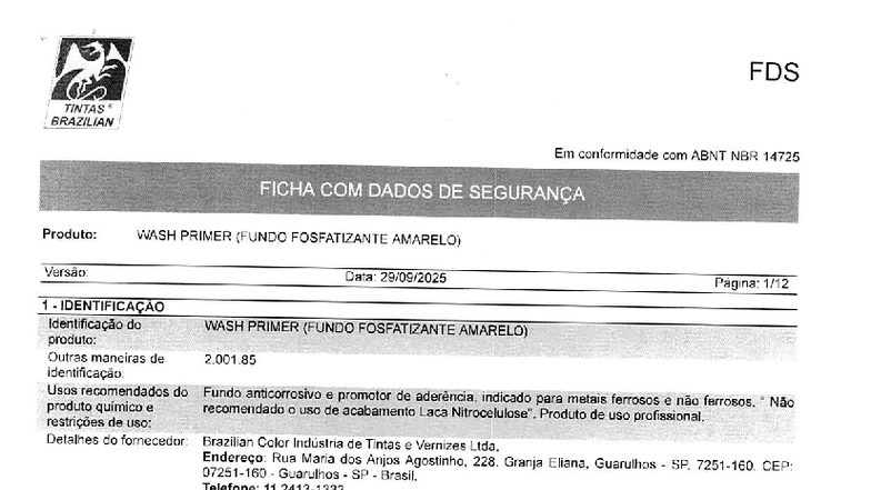 FDS TINTAS BRAZILIAN - Ficha de Dados de Segurança do WASH PRIMER - Studocu