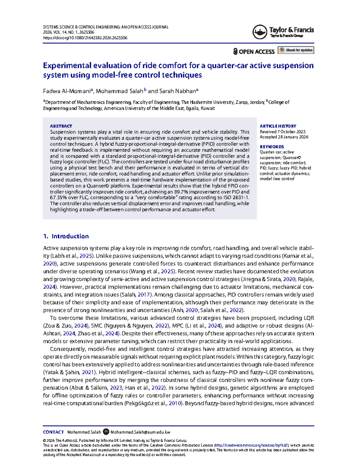 Experimental Evaluation of Ride Comfort for Active Suspension System ...