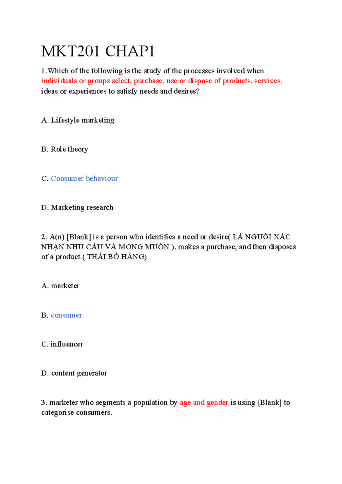 MKT201 - Consumer Behaviour Study Notes and Quiz Answers - Studocu
