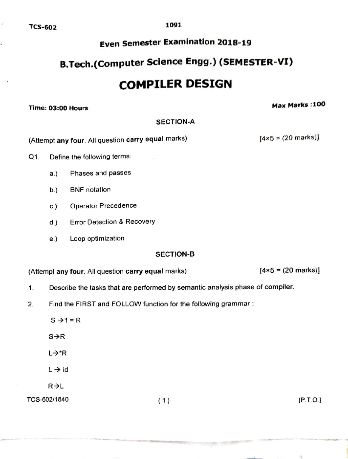 1091 Even Semester Exam B.Tech. (CSE) Compiler Design Notes - Studocu