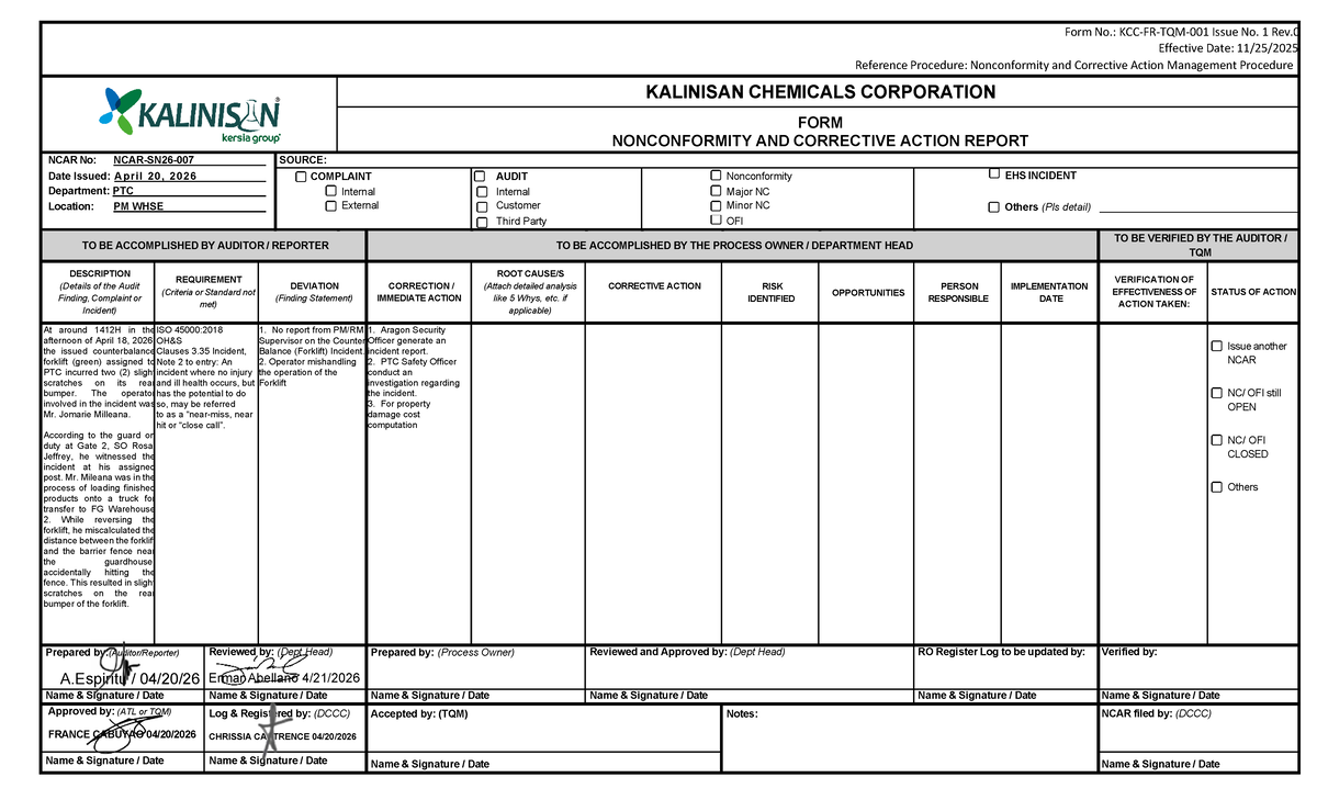 NCAR Report: Forklift Incident & Corrective Actions (KAL-PTC-2026 ...